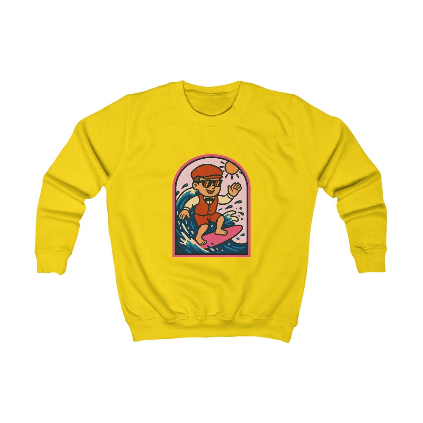 Kids Surfing Cartoon Sweatshirt — Retro Surfer Graphic Pullover for Boys & Girls