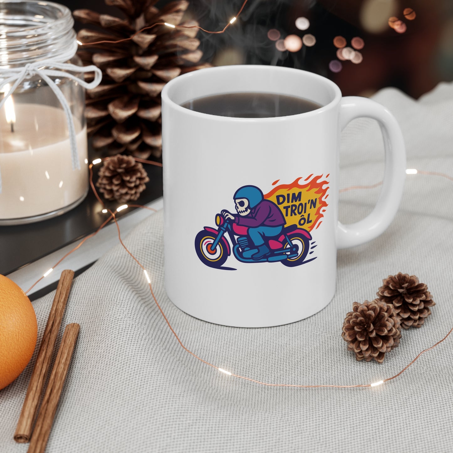 'Dim troi'n ôl' Graphic Mug - Motorcycle Skeleton Design