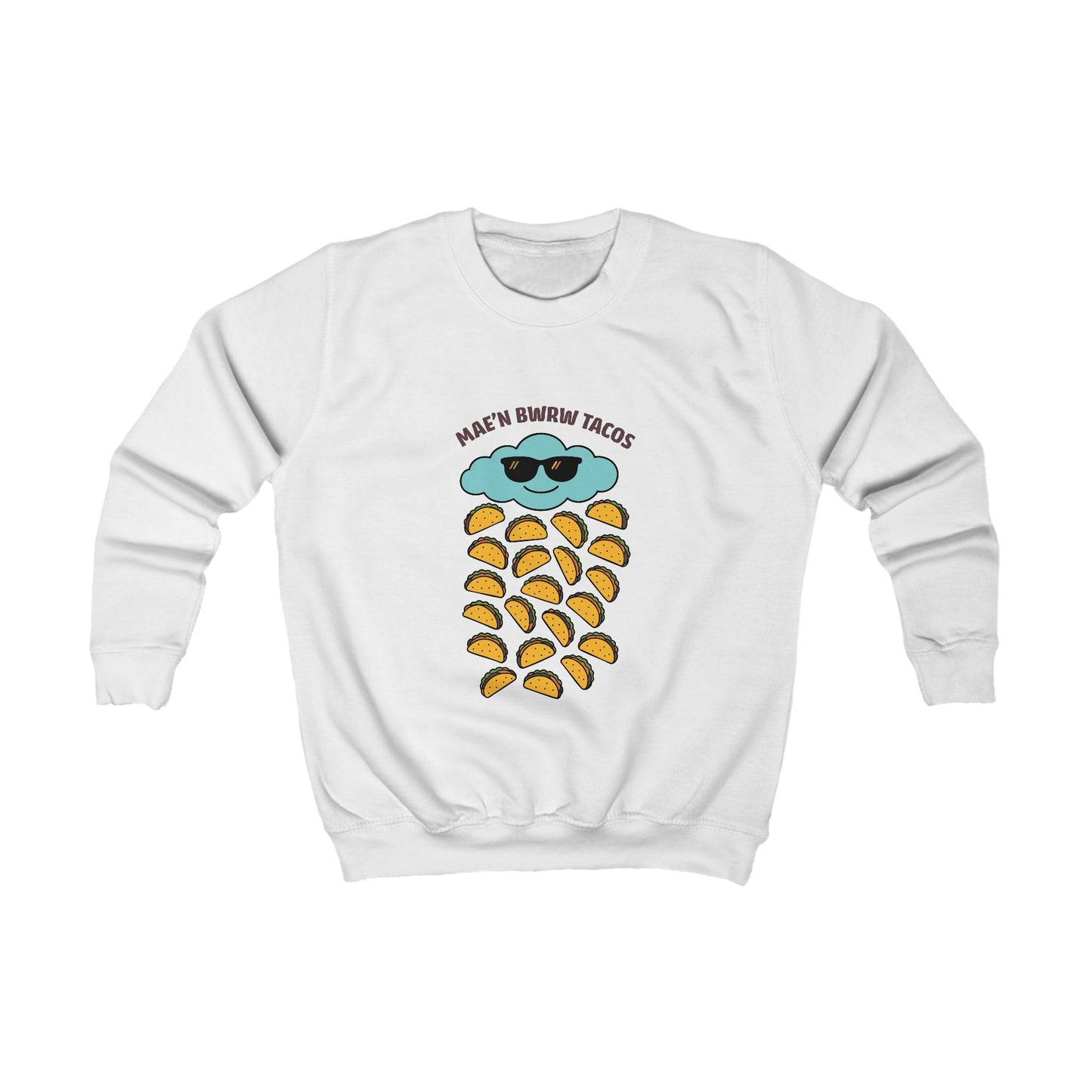 Kids 'Raining Tacos' Welsh Sweatshirt — "Mae'n Bwrw Tacos"