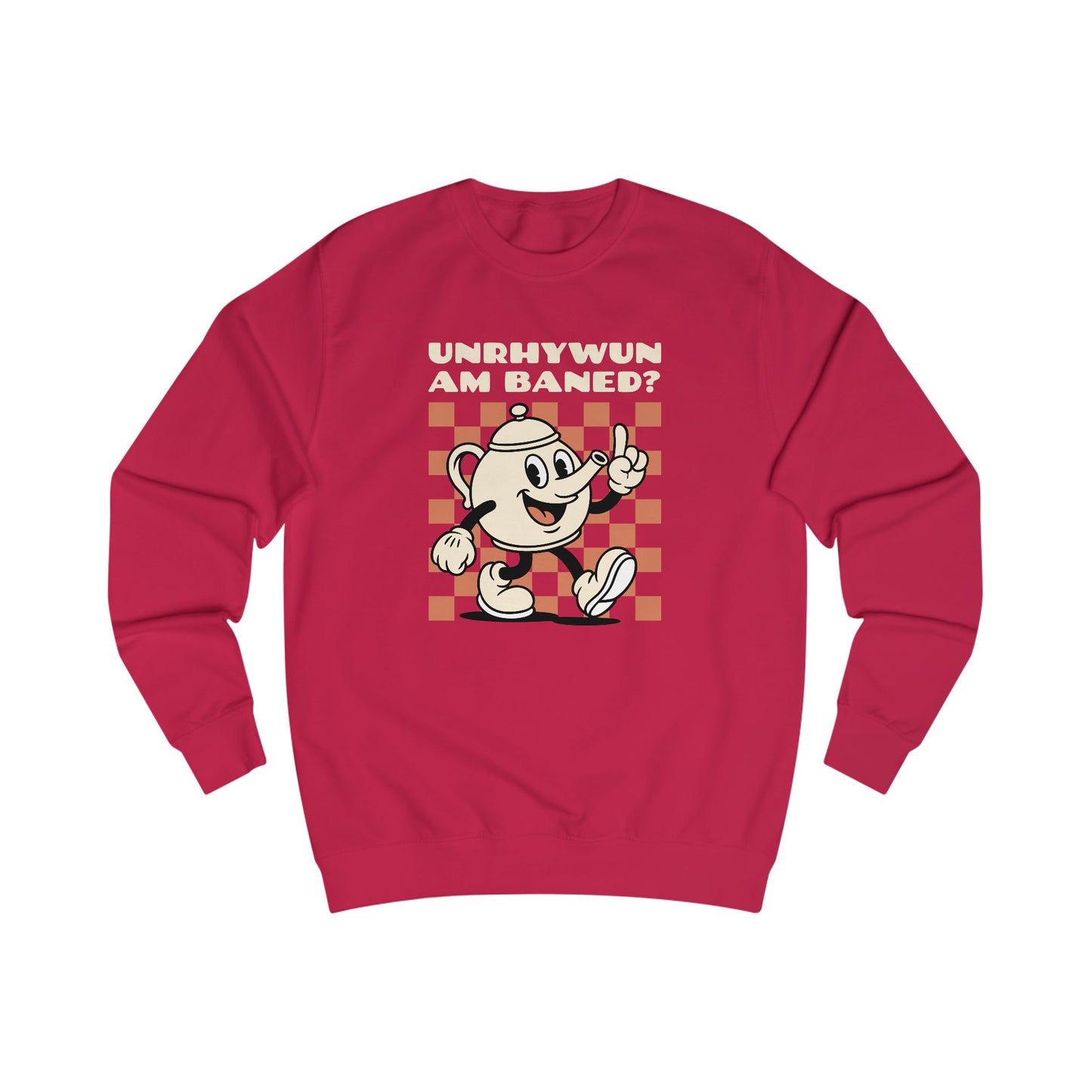 Vintage Cartoon 'Unhrywun Am Baned?' Sweatshirt — Retro Checkerboard Graphic