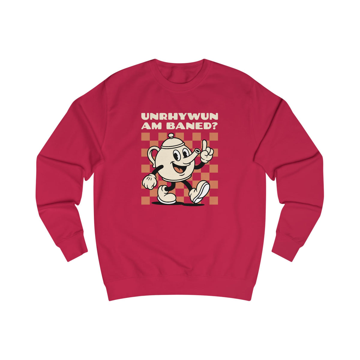 Vintage Cartoon 'Unhrywun Am Baned?' Sweatshirt - Retro Checkerboard Graphic
