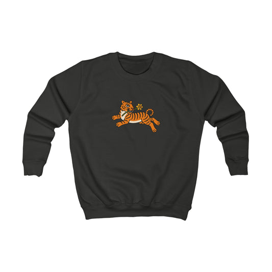 Kids Tiger & Daffodil Jumper — Playful Leaping Tiger Graphic