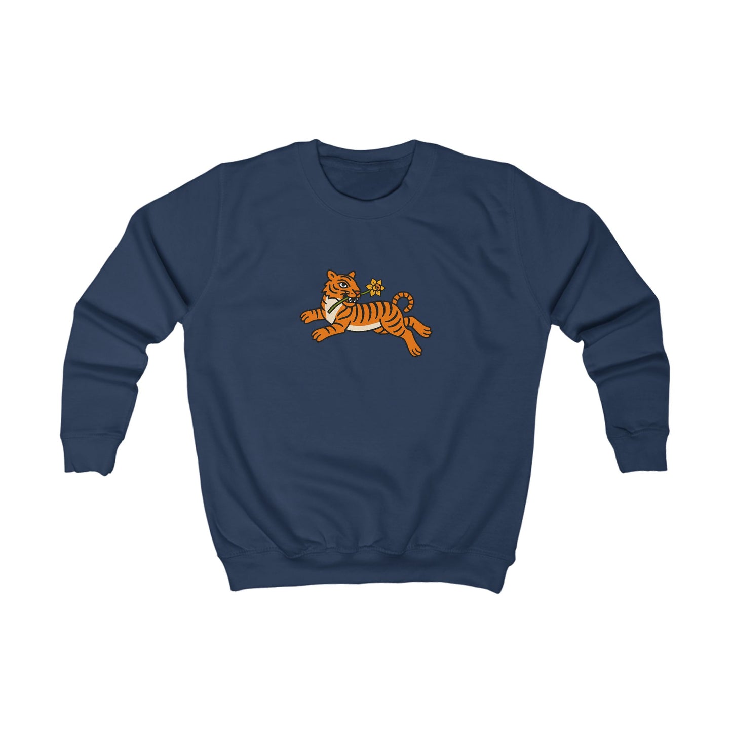 Kids Tiger & Daffodil Jumper — Playful Leaping Tiger Graphic