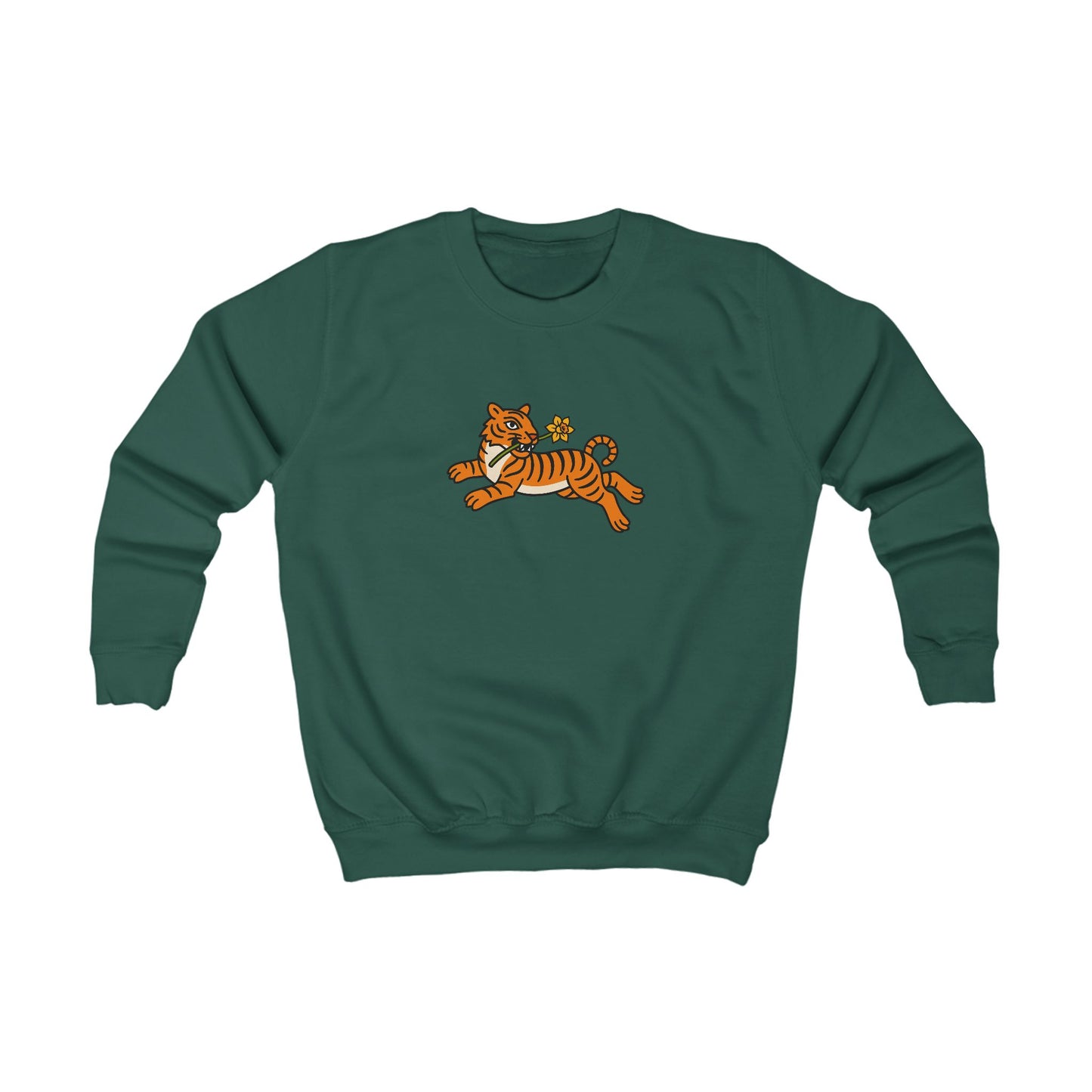 Kids Tiger & Daffodil Jumper — Playful Leaping Tiger Graphic