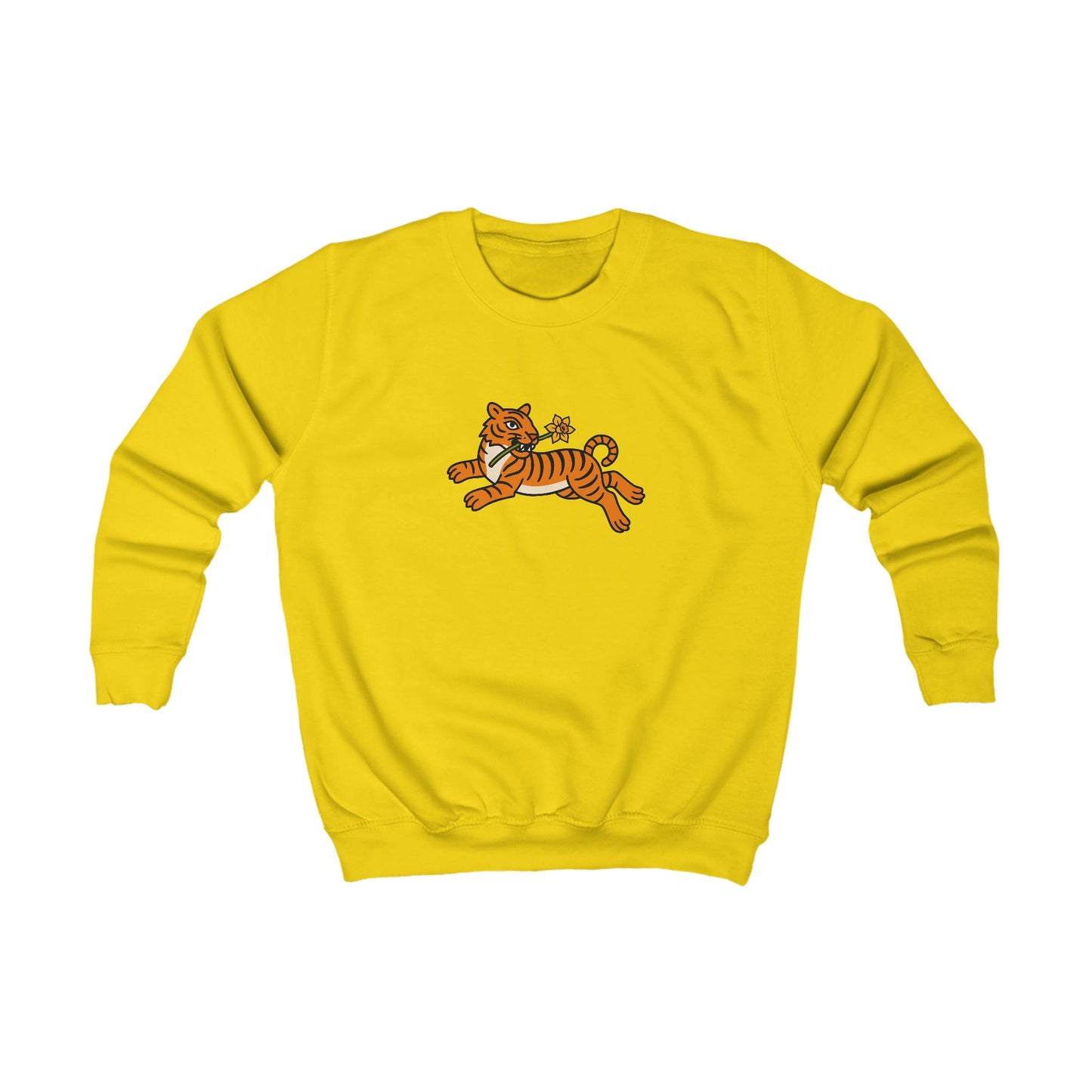 Kids Tiger & Daffodil Jumper — Playful Leaping Tiger Graphic