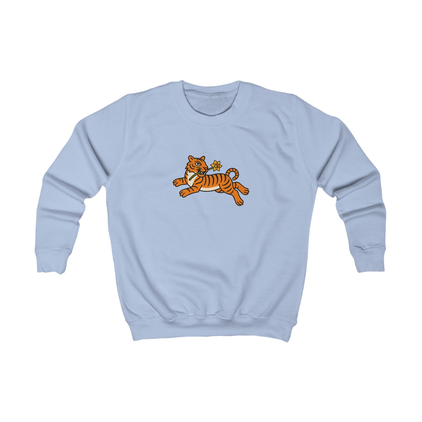 Kids Tiger & Daffodil Jumper — Playful Leaping Tiger Graphic