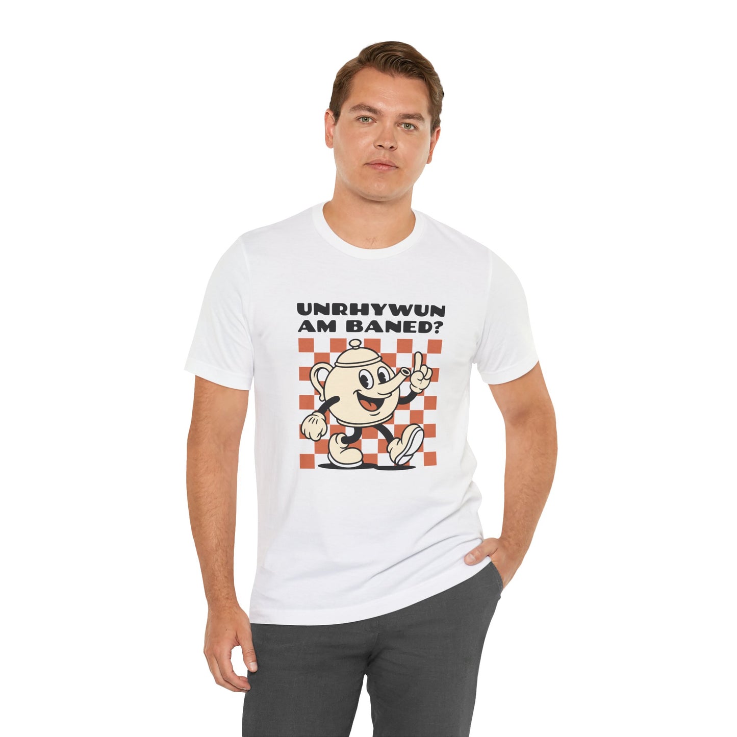 Retro Cartoon 'Unrhywun Am Baned?' Welsh Teapot Unisex T-shirt