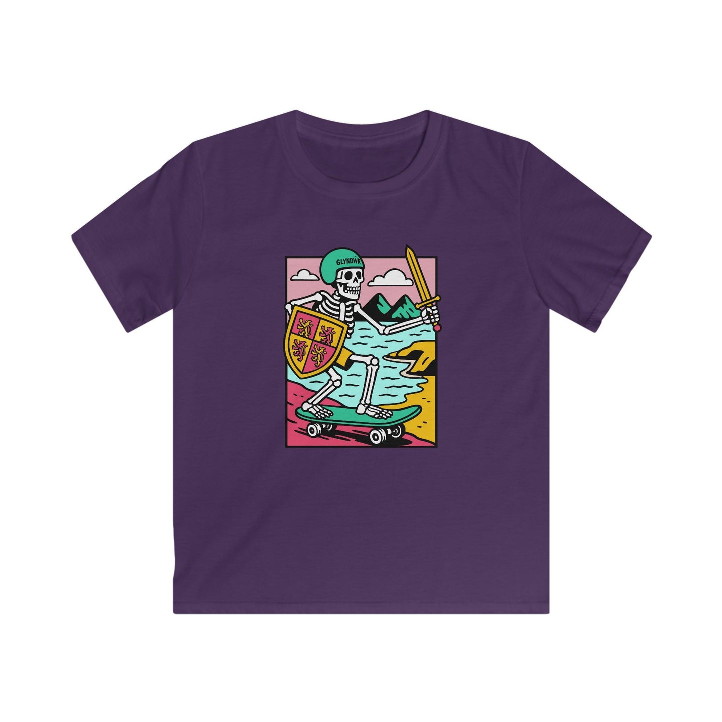 Skeleton Glyndŵr Skateboard Kids Tee - Retro Skateboarding T-Shirt