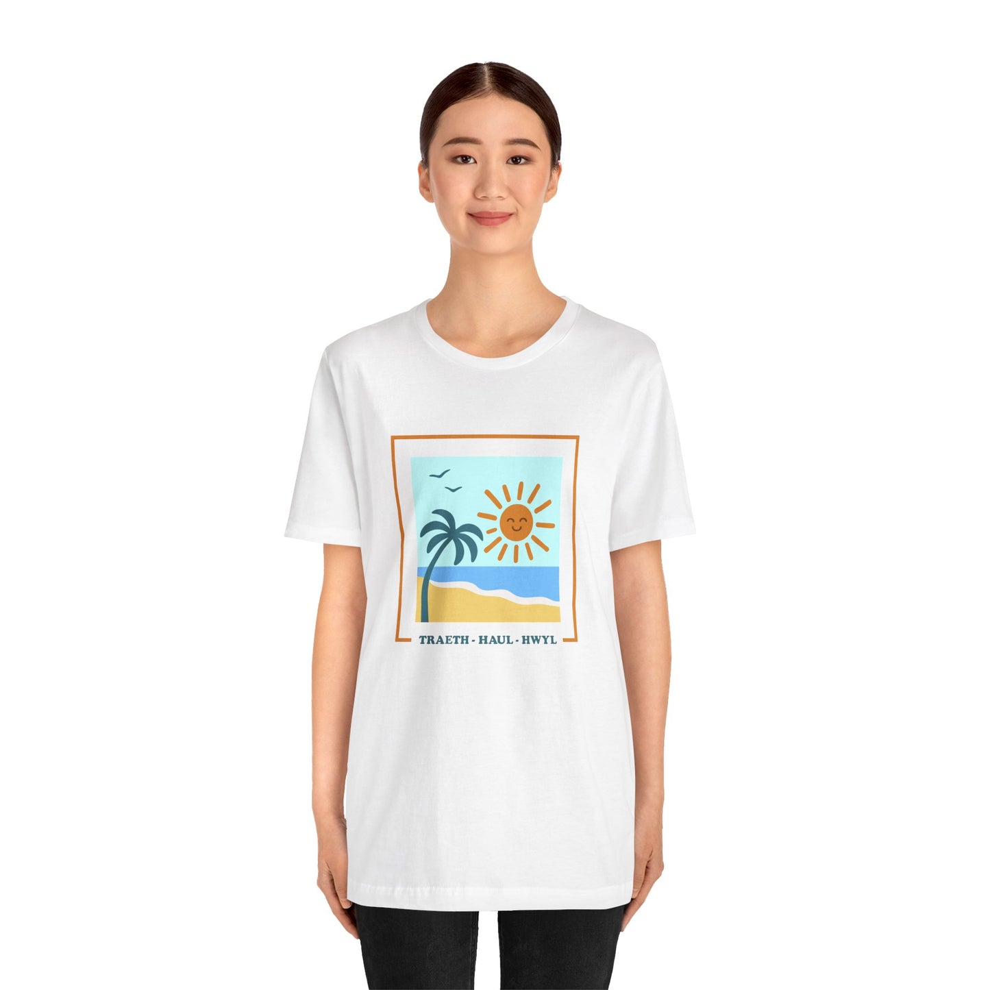 Beach Scene T-Shirt — "Traeth · Haul · Hwyl" Sunny Palm Unisex Tee
