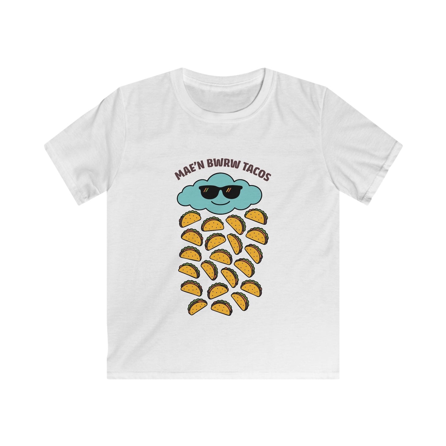 Kids Raining Tacos Welsh Language Tee - "Mae'n Bwrw Tacos"