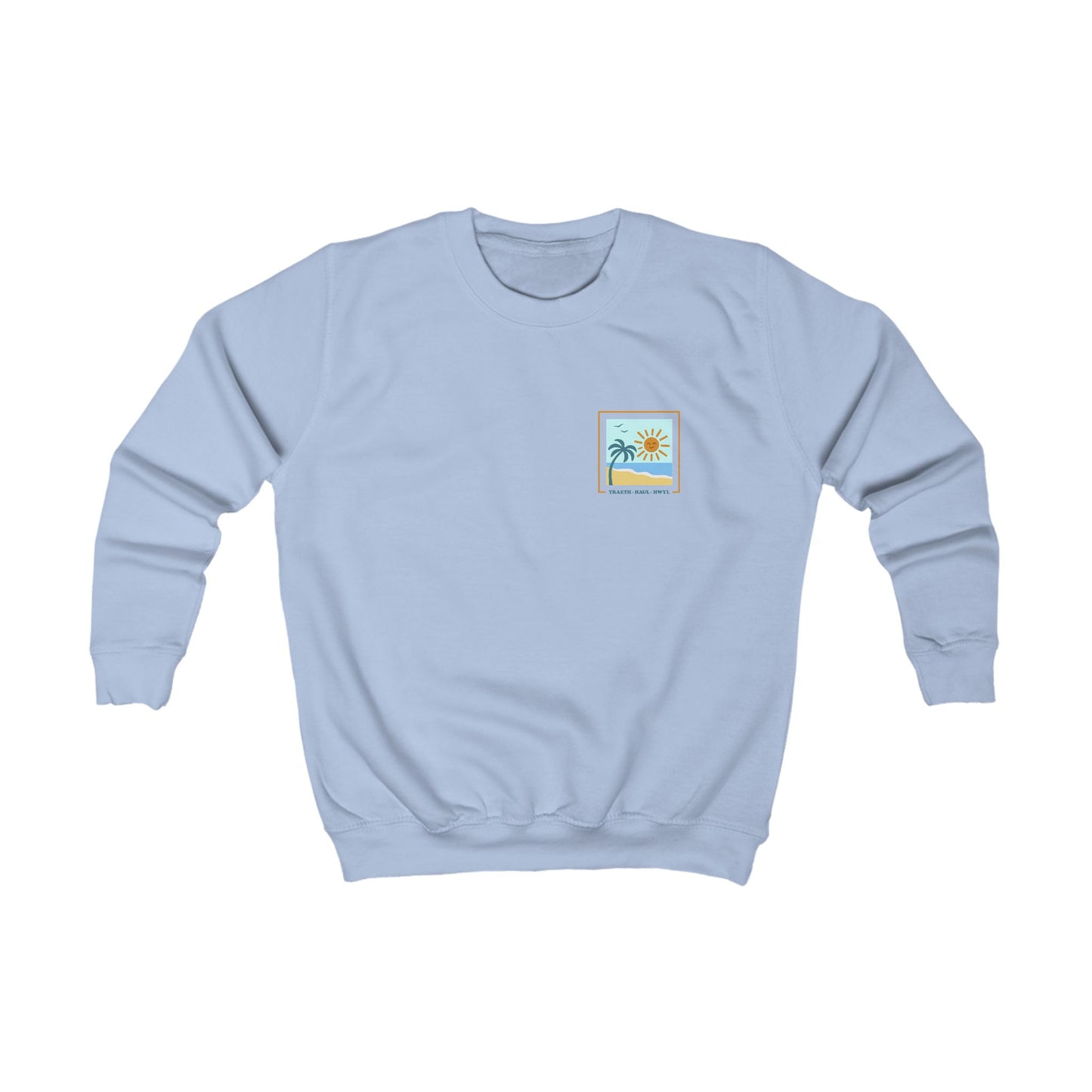 Kids Tropical Palm Welsh Language Jumper - "Traeth, Haul, Hwyl"