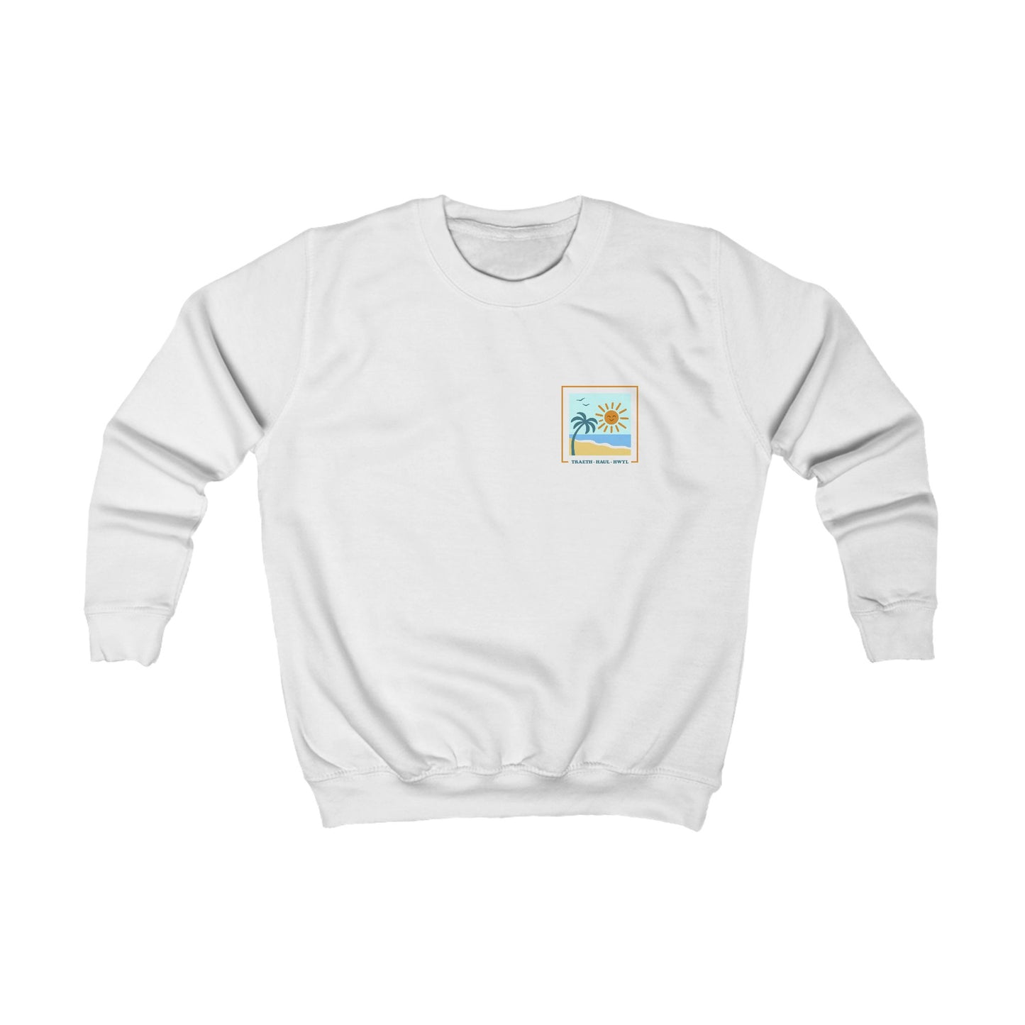 Kids Tropical Palm Welsh Language Jumper - "Traeth, Haul, Hwyl"