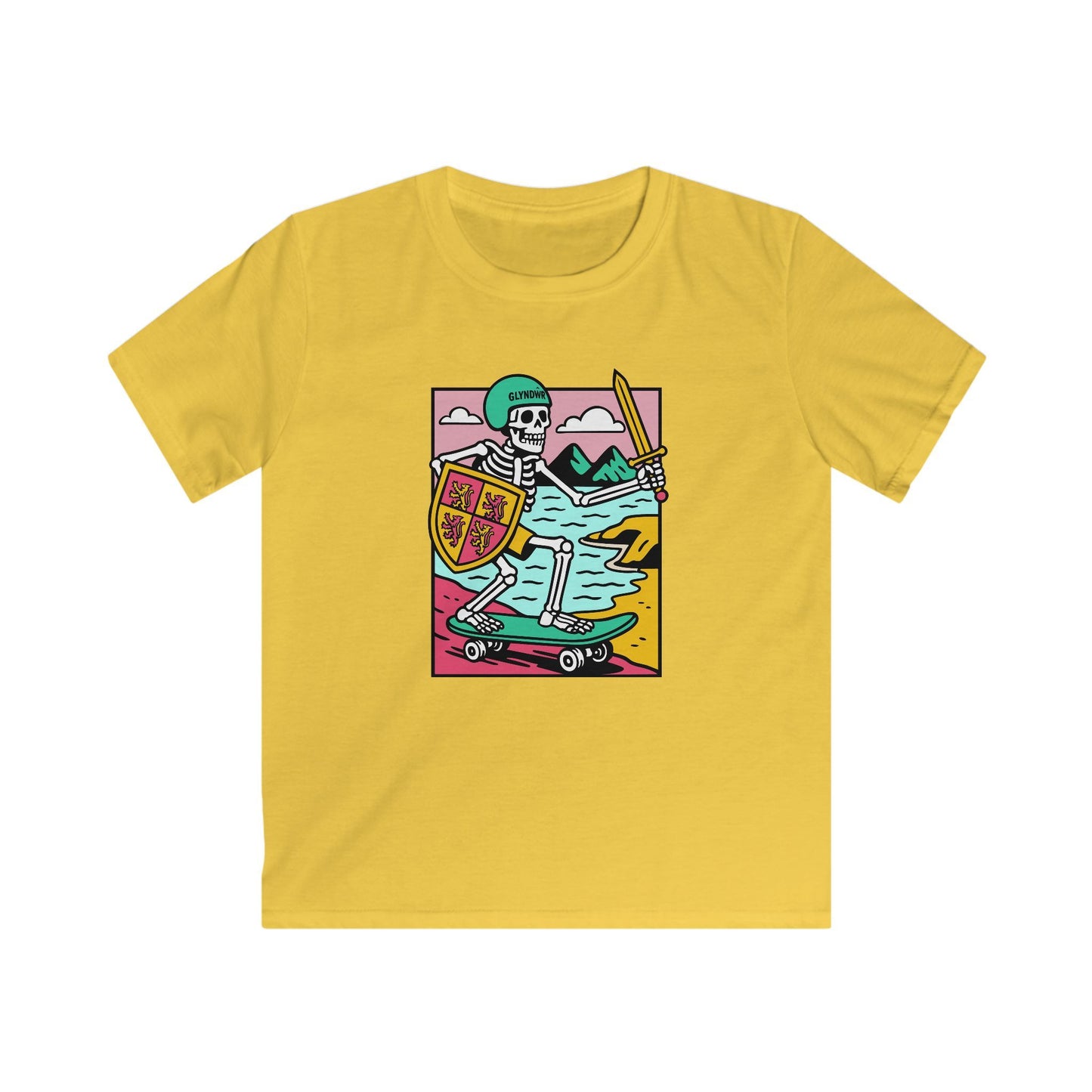 Skeleton Glyndŵr Skateboard Kids Tee - Retro Skateboarding T-Shirt