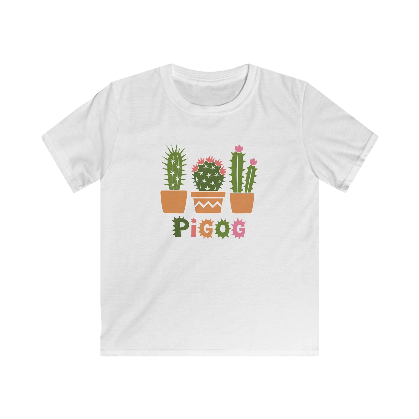 Kids Cactus Tee — Welsh Language Potted Cacti Graphic T-Shirt - "Pigog" - Spikey