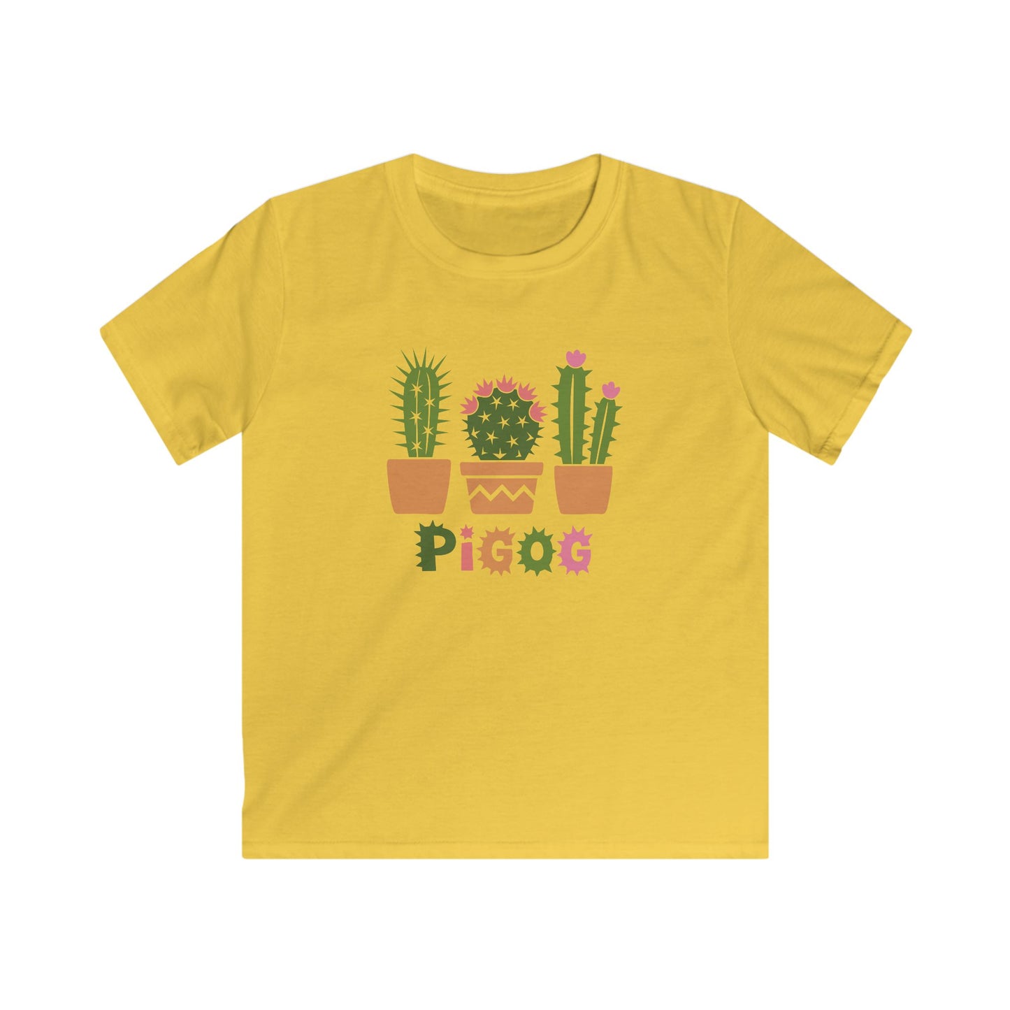 Kids Cactus Tee — Welsh Language Potted Cacti Graphic T-Shirt - "Pigog" - Spikey