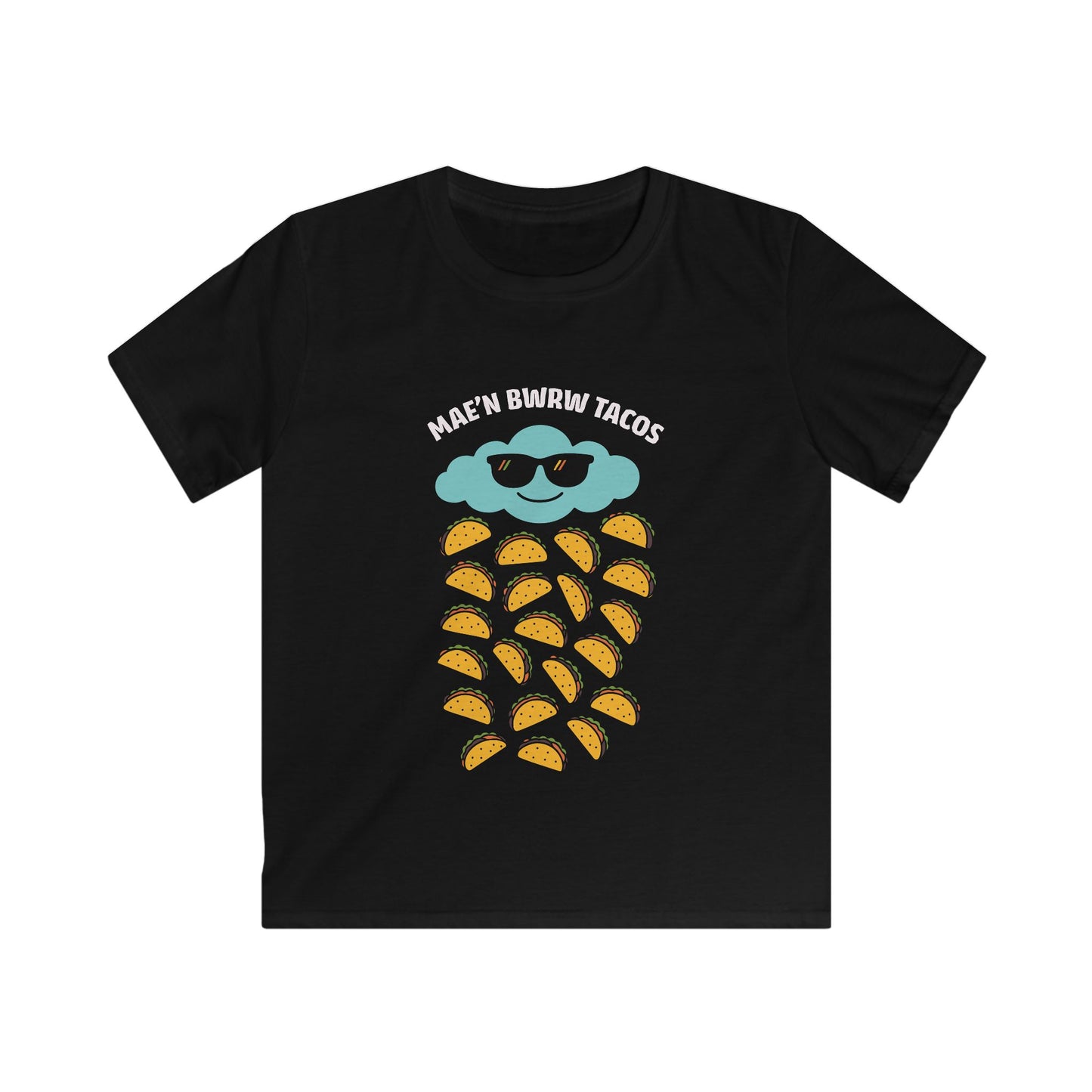 Kids Raining Tacos Welsh Language Tee — "Mae'n Bwrw Tacos"