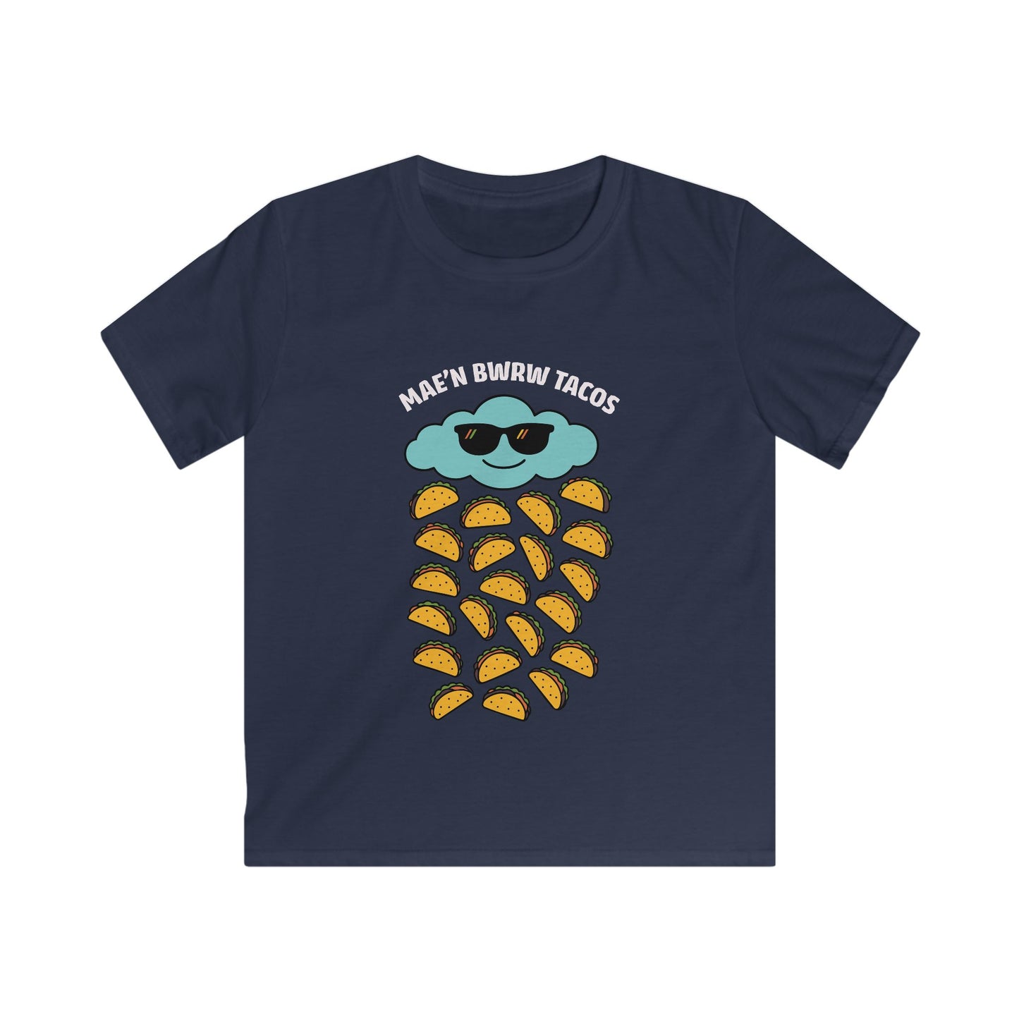 Kids Raining Tacos Welsh Language Tee — "Mae'n Bwrw Tacos"