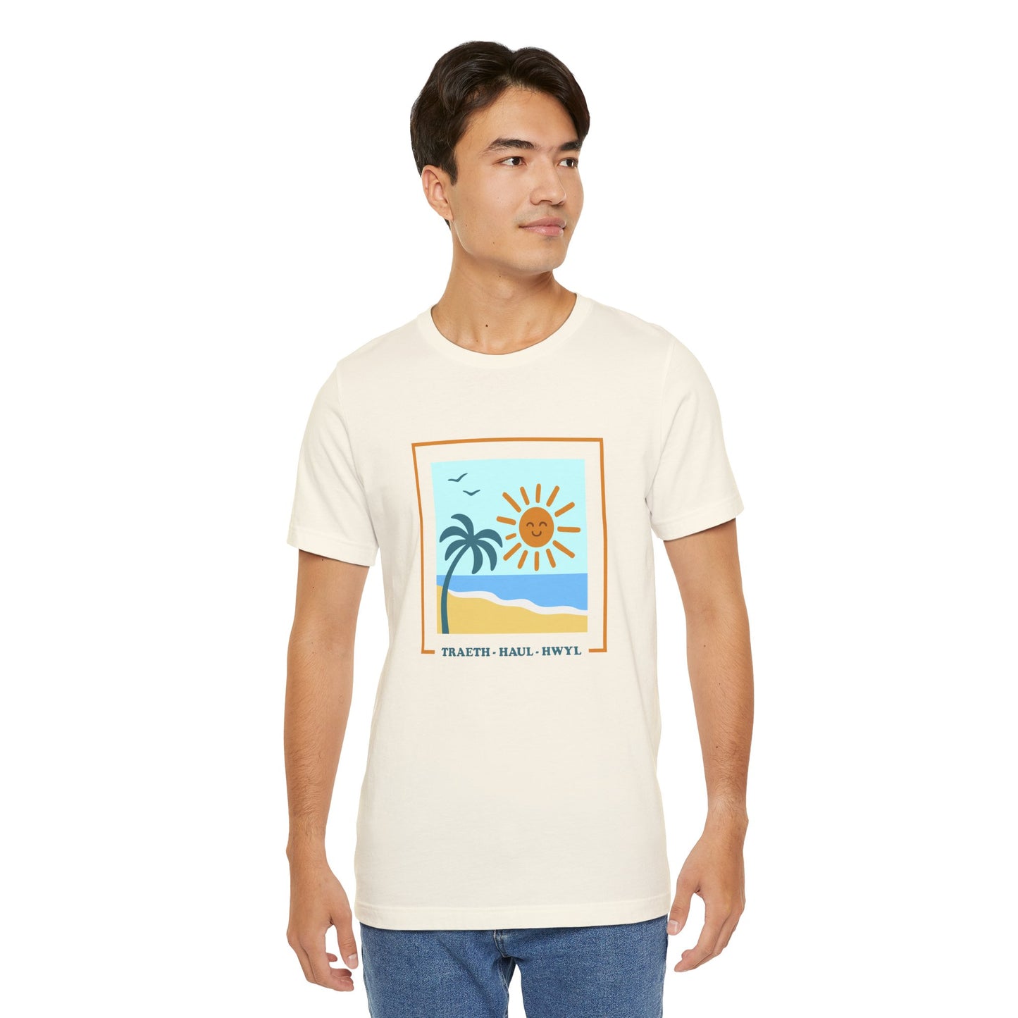 Beach Scene T-Shirt — "Traeth · Haul · Hwyl" Sunny Palm Unisex Tee
