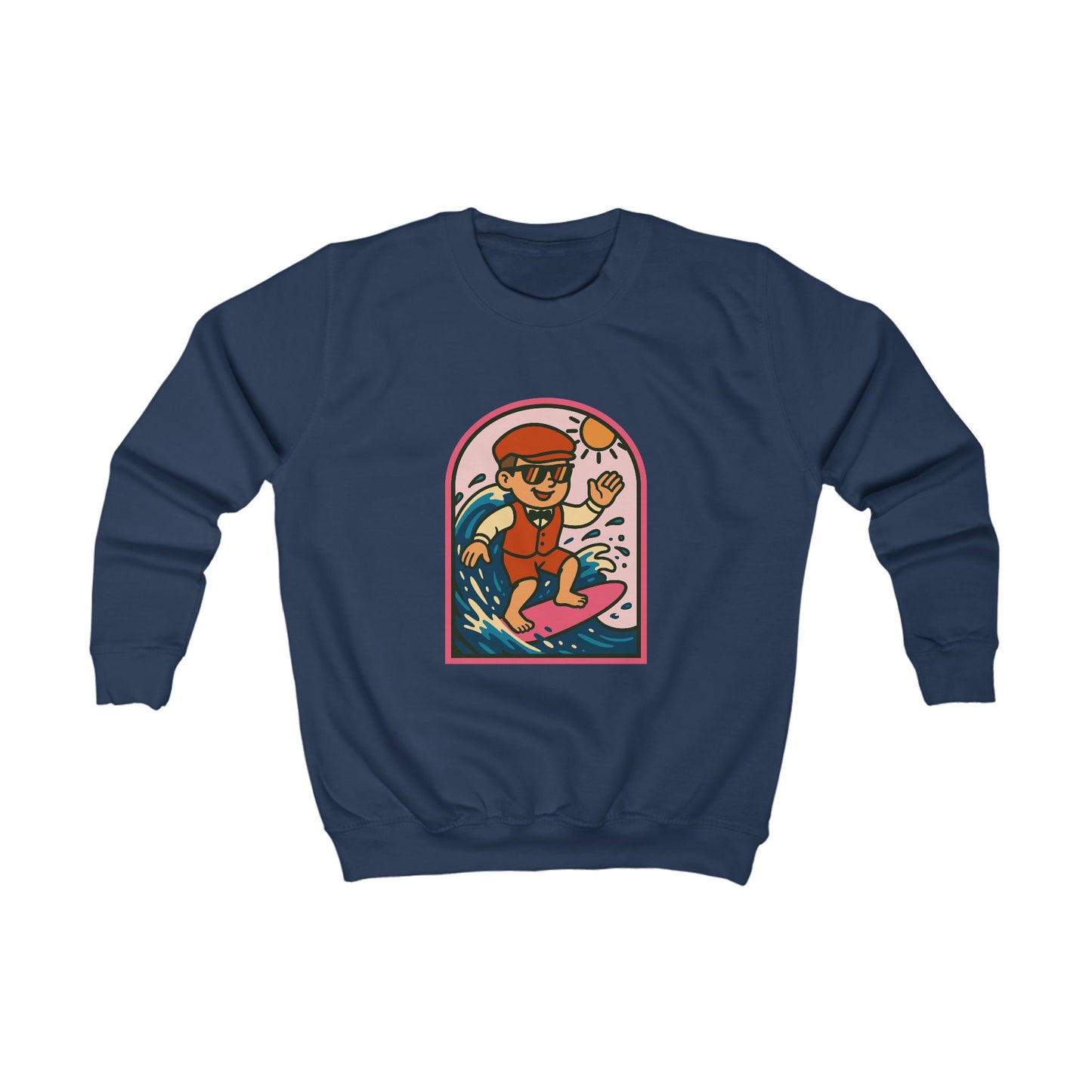 Kids Surfing Cartoon Sweatshirt — Retro Surfer Graphic Pullover for Boys & Girls