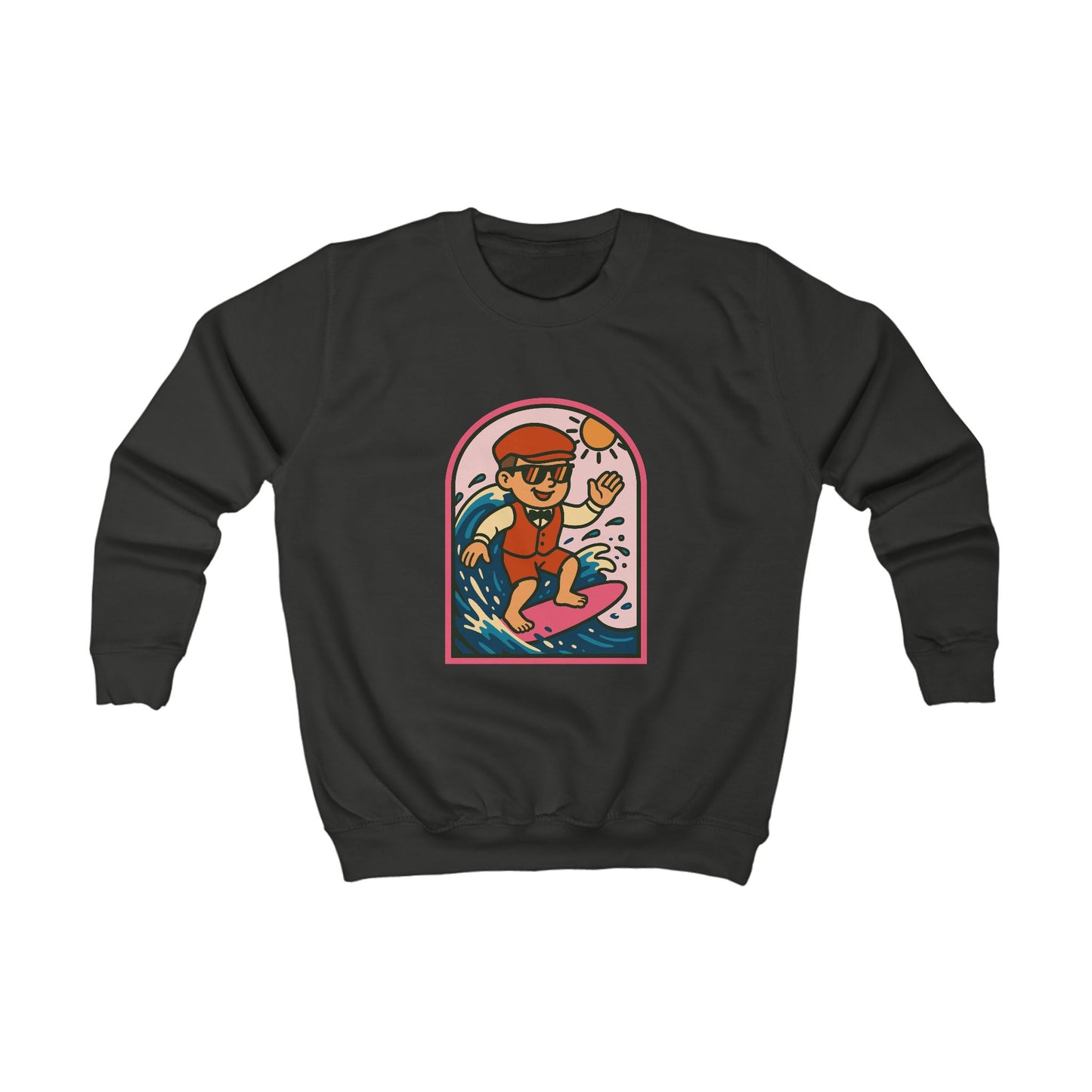 Kids Surfing Cartoon Sweatshirt — Retro Surfer Graphic Pullover for Boys & Girls