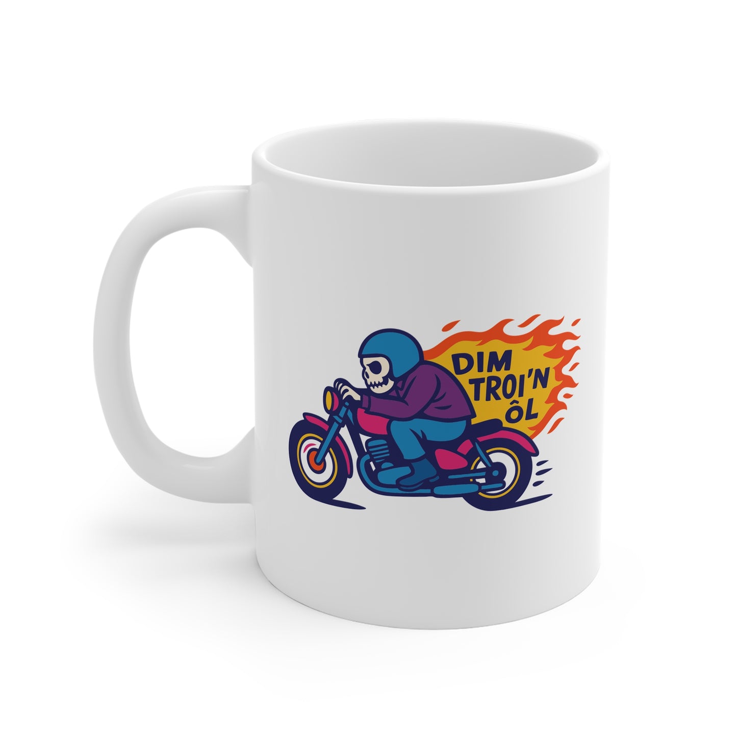 'Dim troi'n ôl' Graphic Mug - Motorcycle Skeleton Design