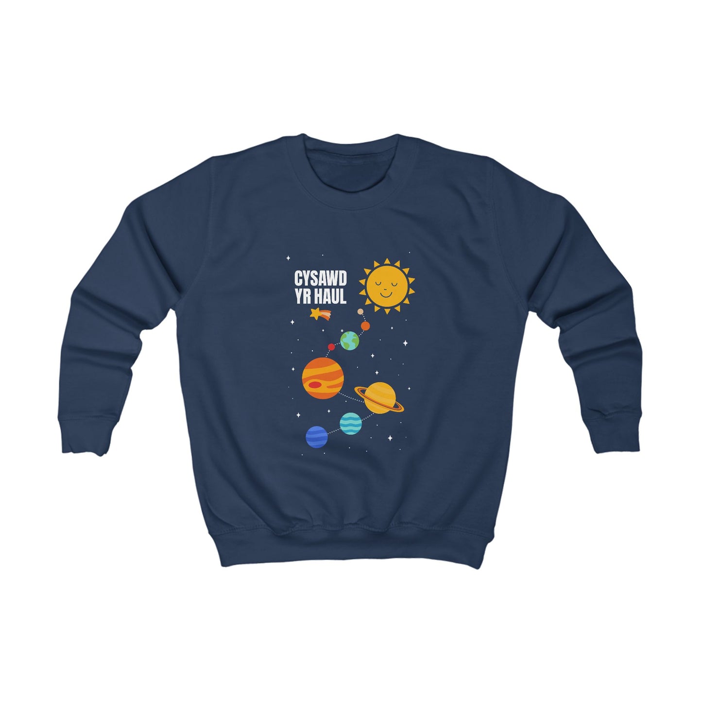 Kids Solar System Jumper - Welsh Language Text 'Cysawd Yr Haul'