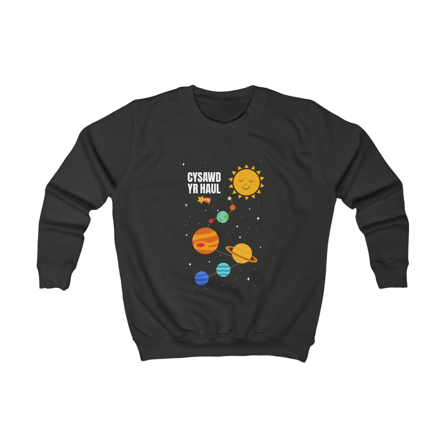 Kids Solar System Jumper - Welsh Language Text 'Cysawd Yr Haul'