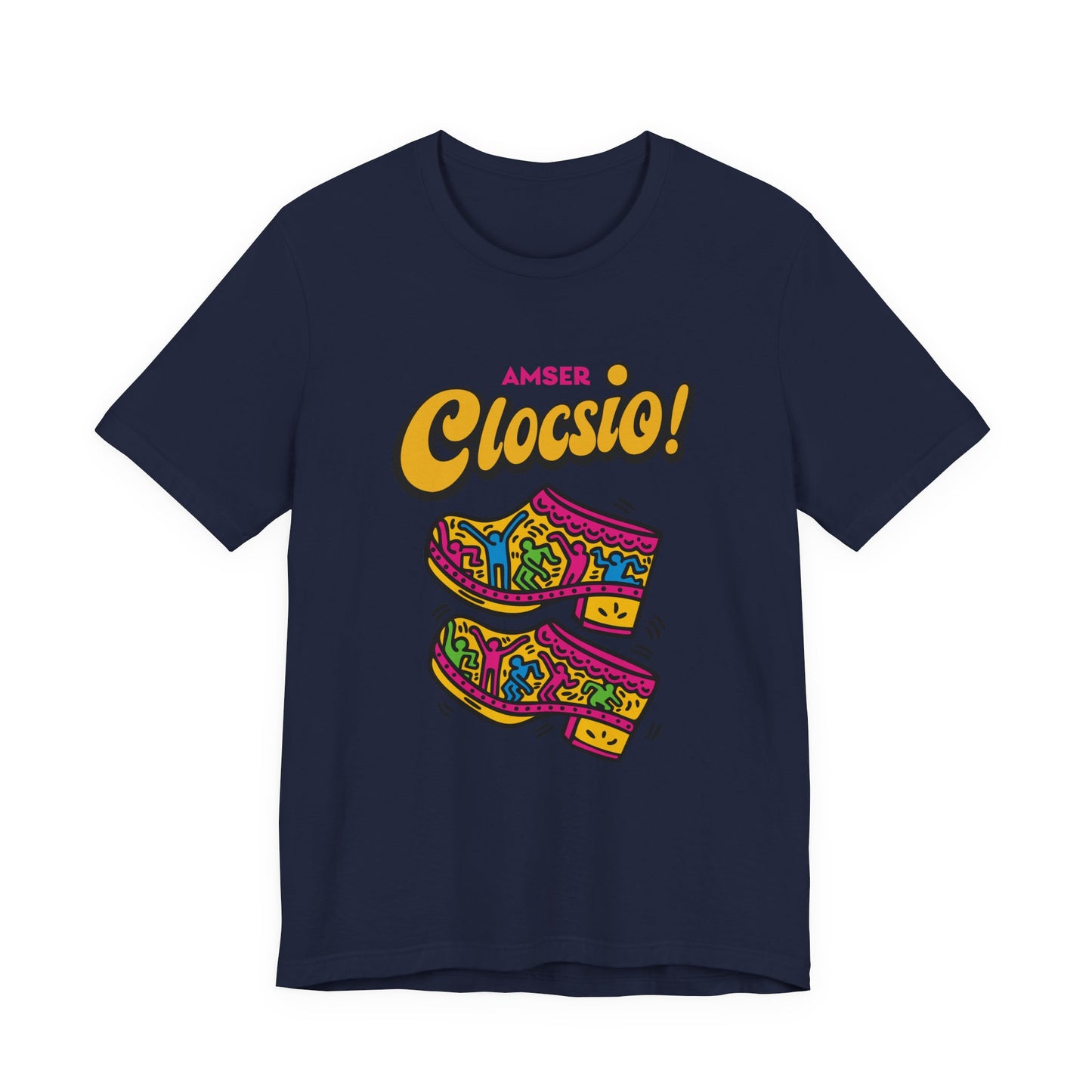 Amser Clocsio! Graphic Unisex Tee — Colourful Keith Haring Inspired T-Shirt