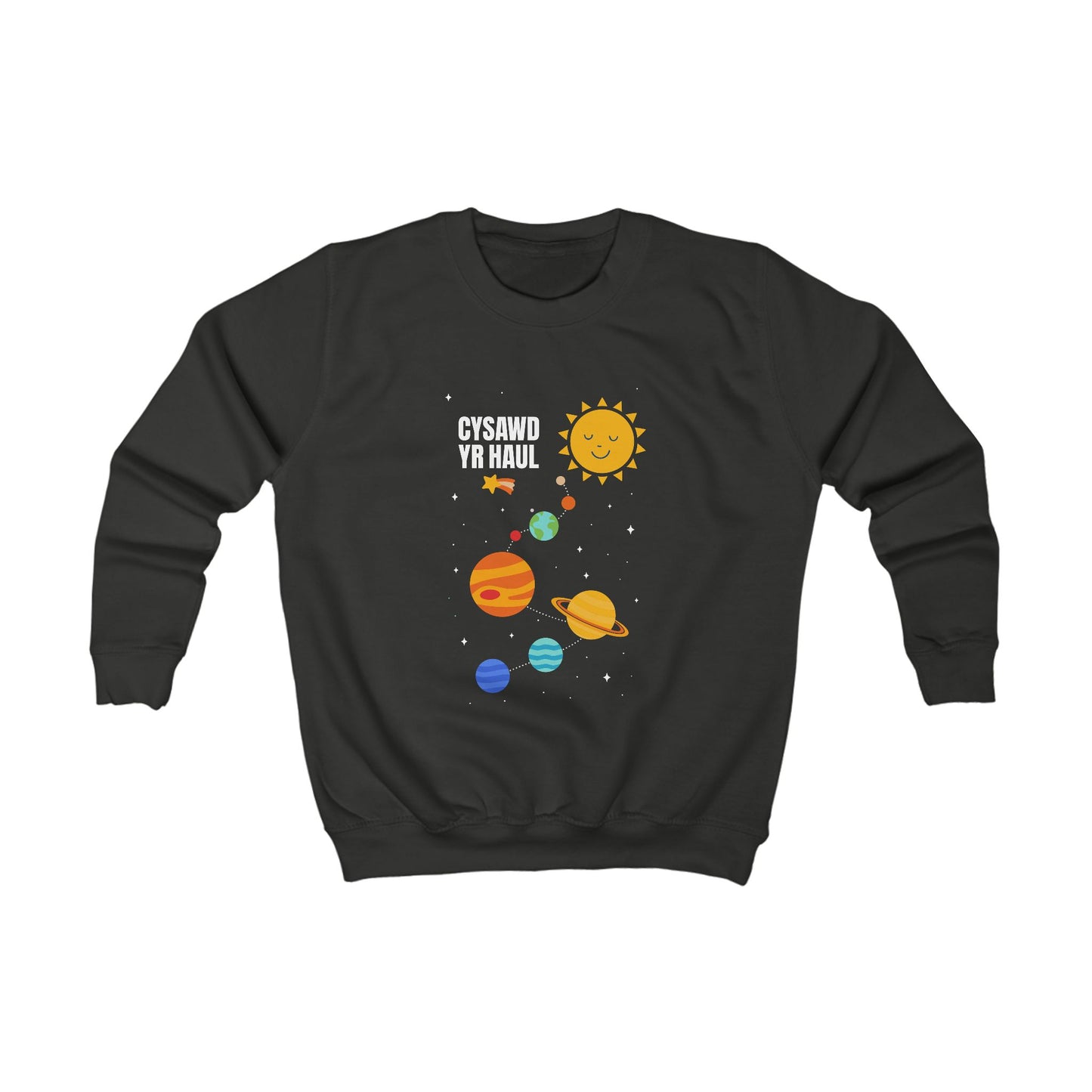 Kids Solar System Jumper - Welsh Language Text 'Cysawd Yr Haul'