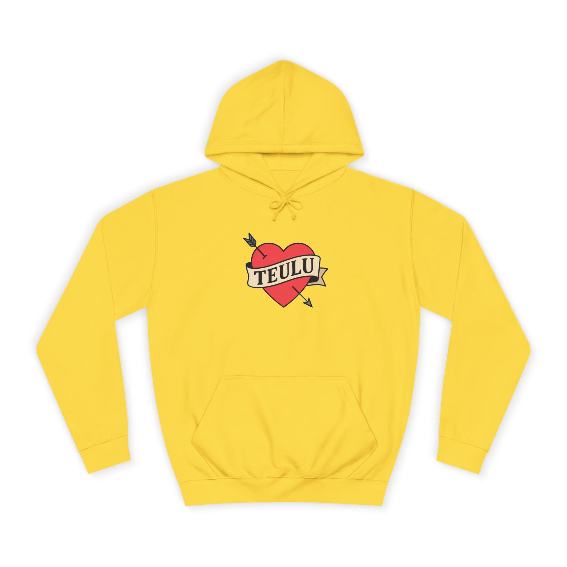 Yellow hoodie with a heart and arrow design and 'TEULU'