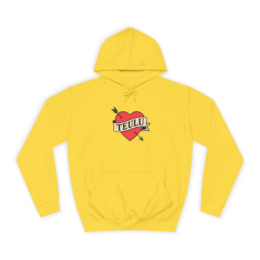 Yellow hoodie with a heart and arrow design and 'TEULU'