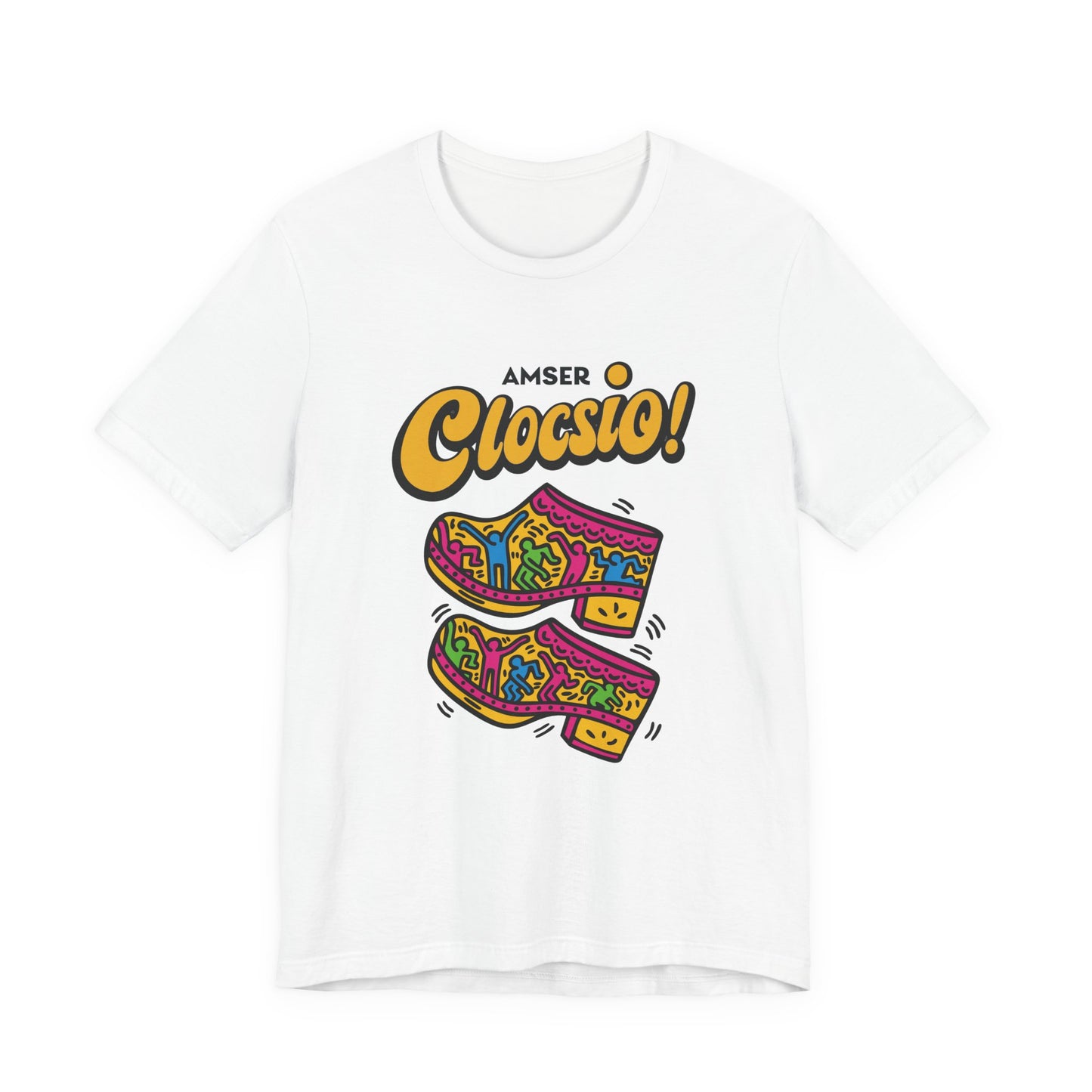 Amser Clocsio! Graphic Unisex Tee — Colourful Keith Haring Inspired T-Shirt