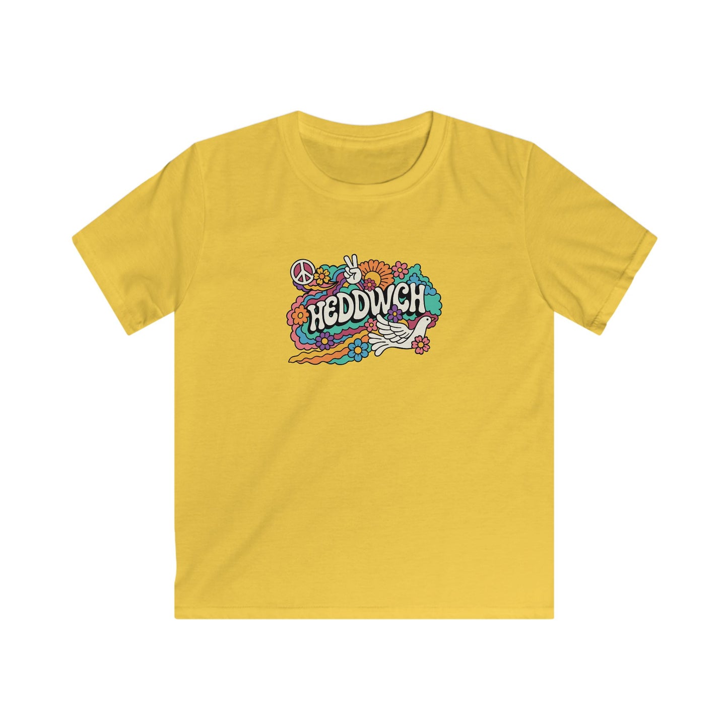 Retro Peace Flower T-Shirt - Welsh Language - "HEDDWCH"