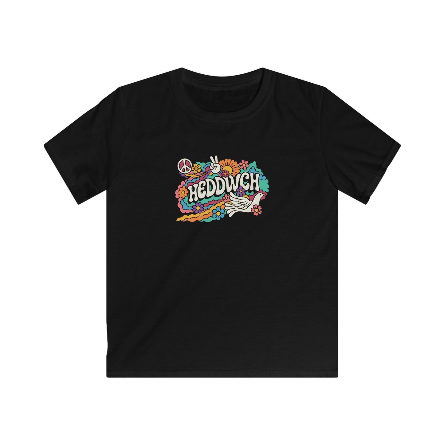 Retro Peace Flower T-Shirt - Welsh Language - "HEDDWCH"