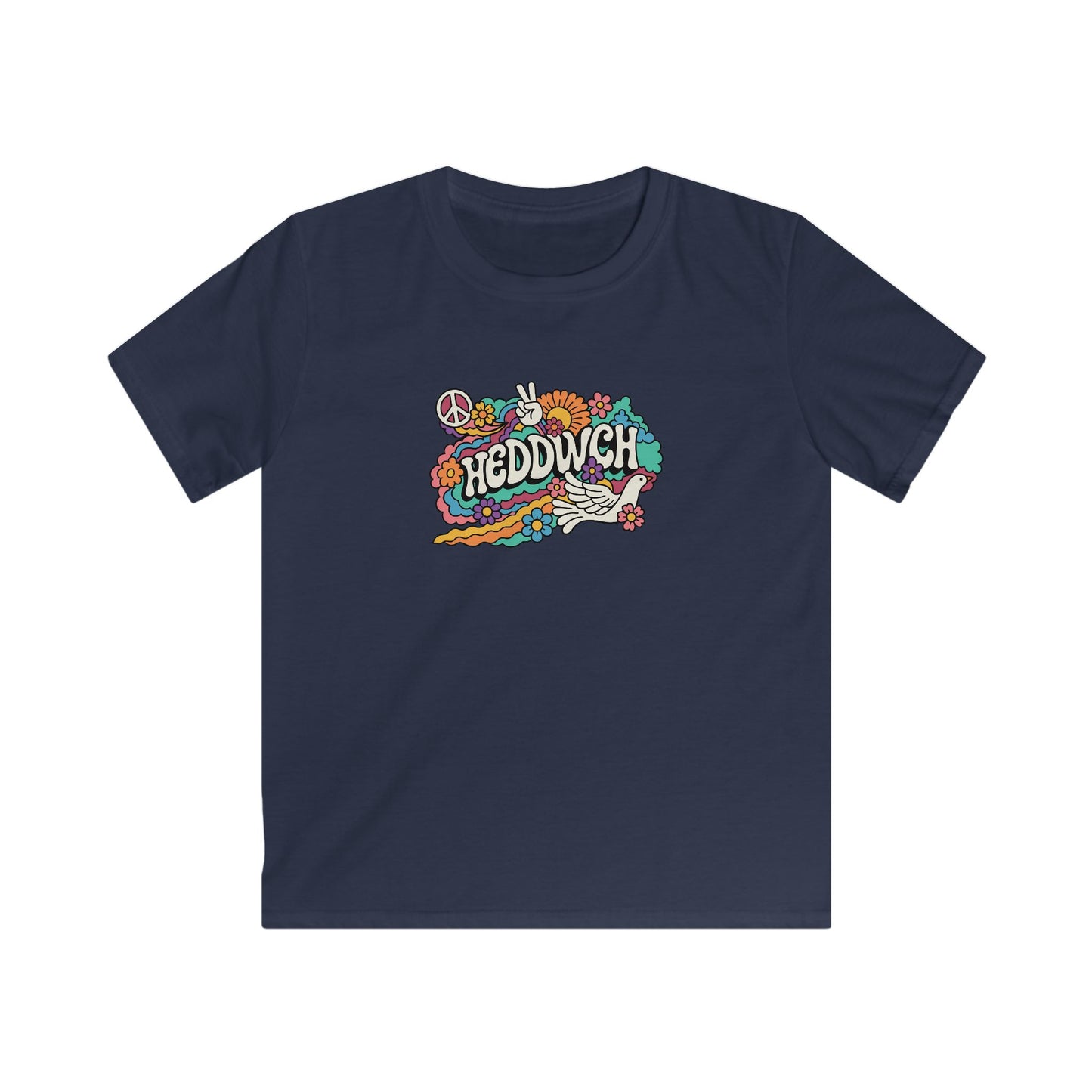 Retro Peace Flower T-Shirt - Welsh Language - "HEDDWCH"