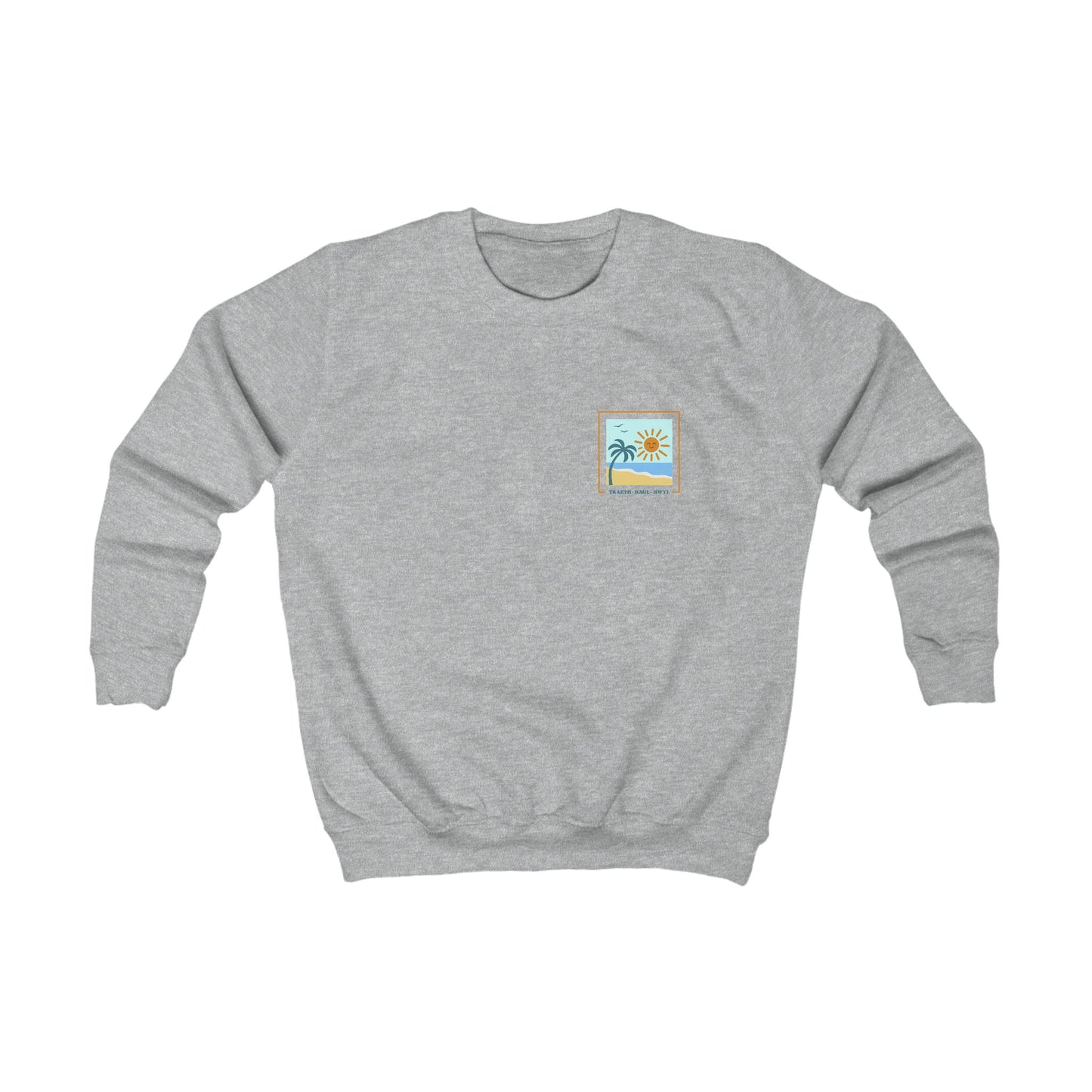 Kids Tropical Palm Welsh Language Jumper - "Traeth, Haul, Hwyl"