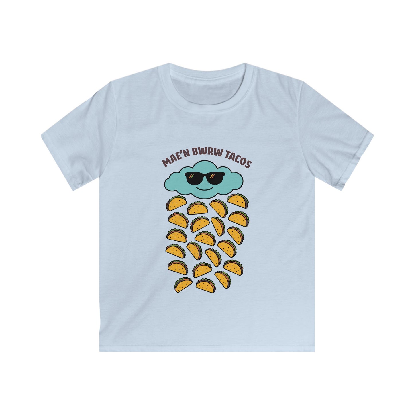 Kids Raining Tacos Welsh Language Tee - "Mae'n Bwrw Tacos"