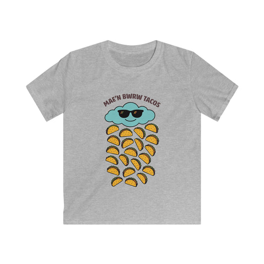 Kids Raining Tacos Welsh Language Tee — "Mae'n Bwrw Tacos"