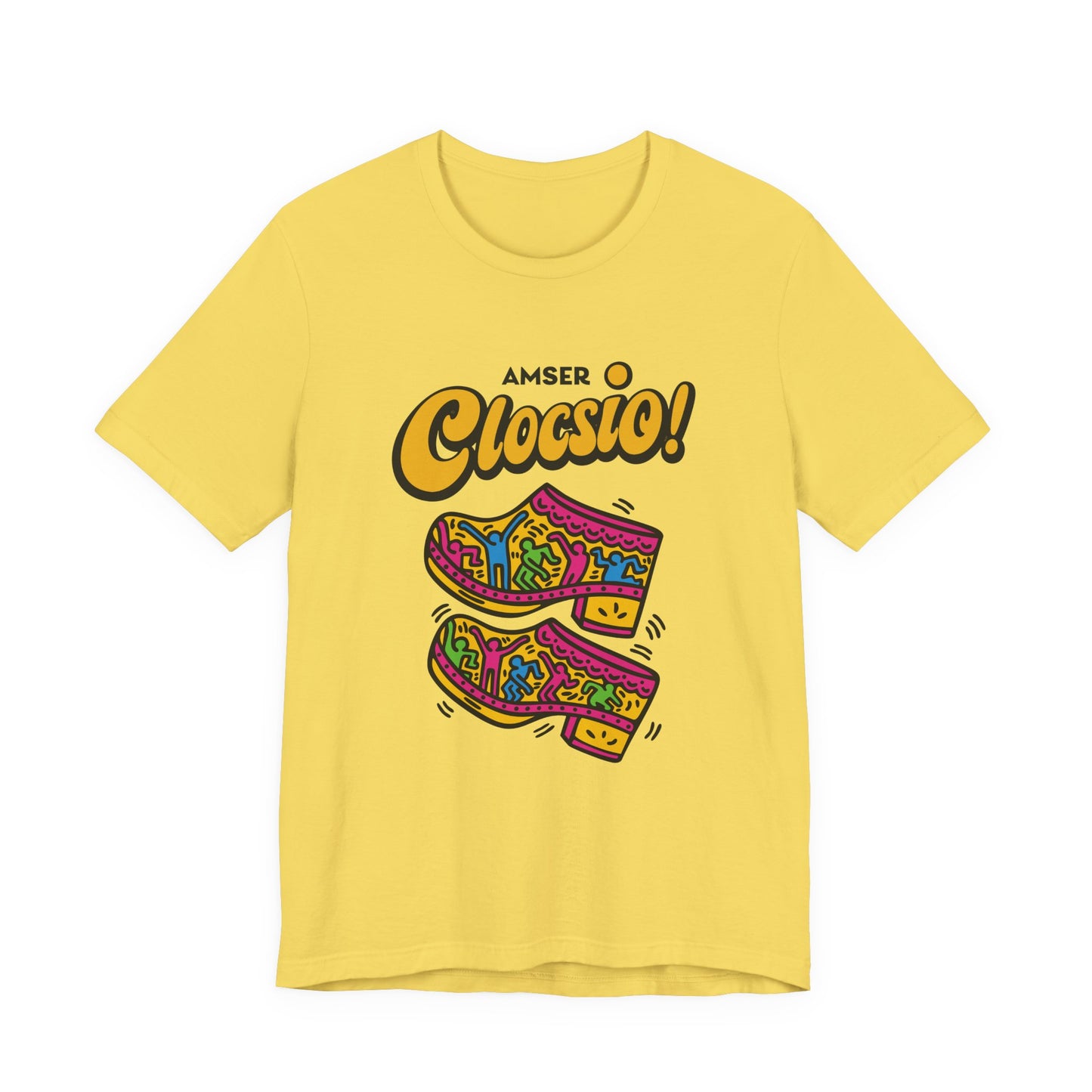Amser Clocsio! Graphic Unisex Tee — Colourful Keith Haring Inspired T-Shirt