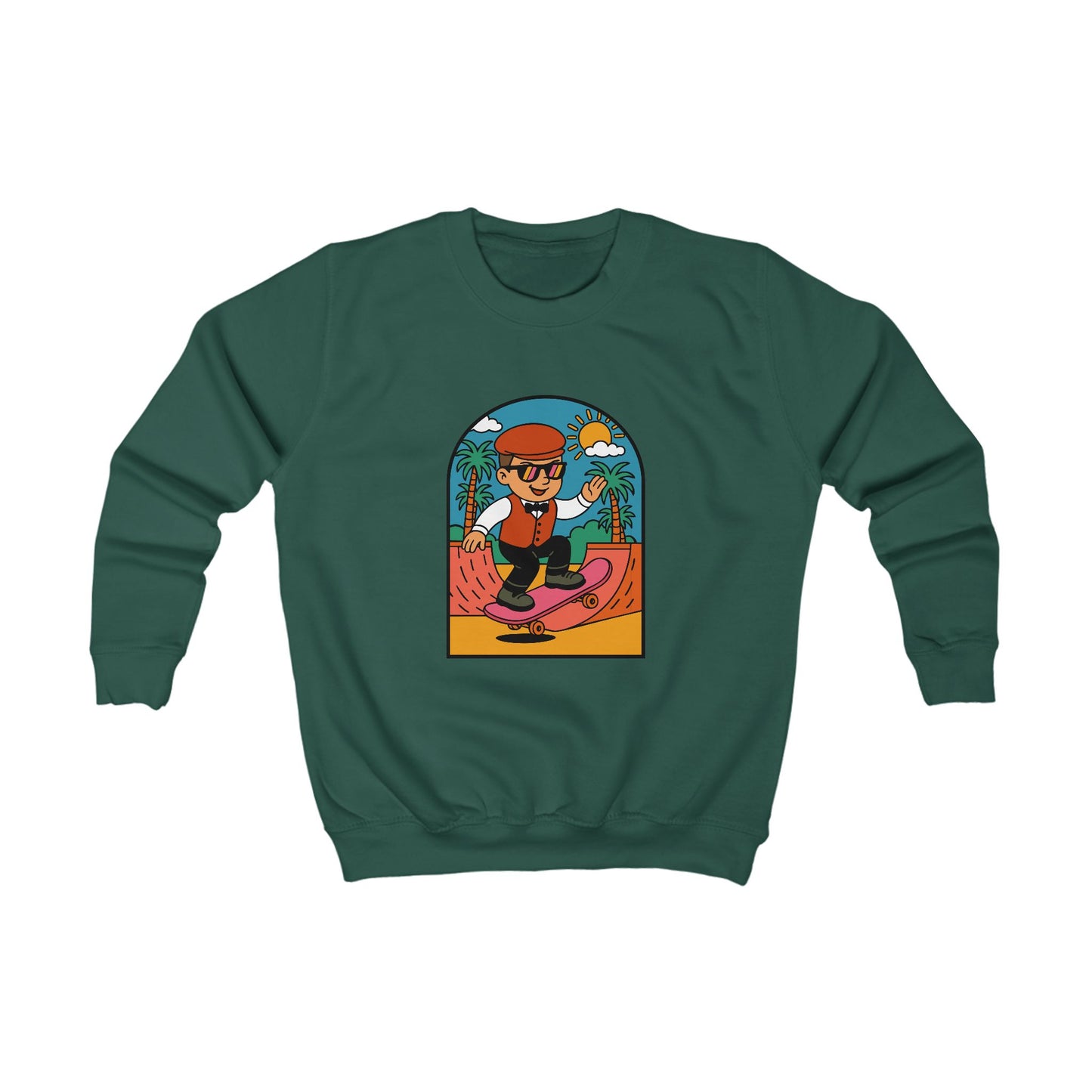 Kids Surfing Cartoon Sweatshirt — Retro Surfer Graphic Pullover for Boys & Girls