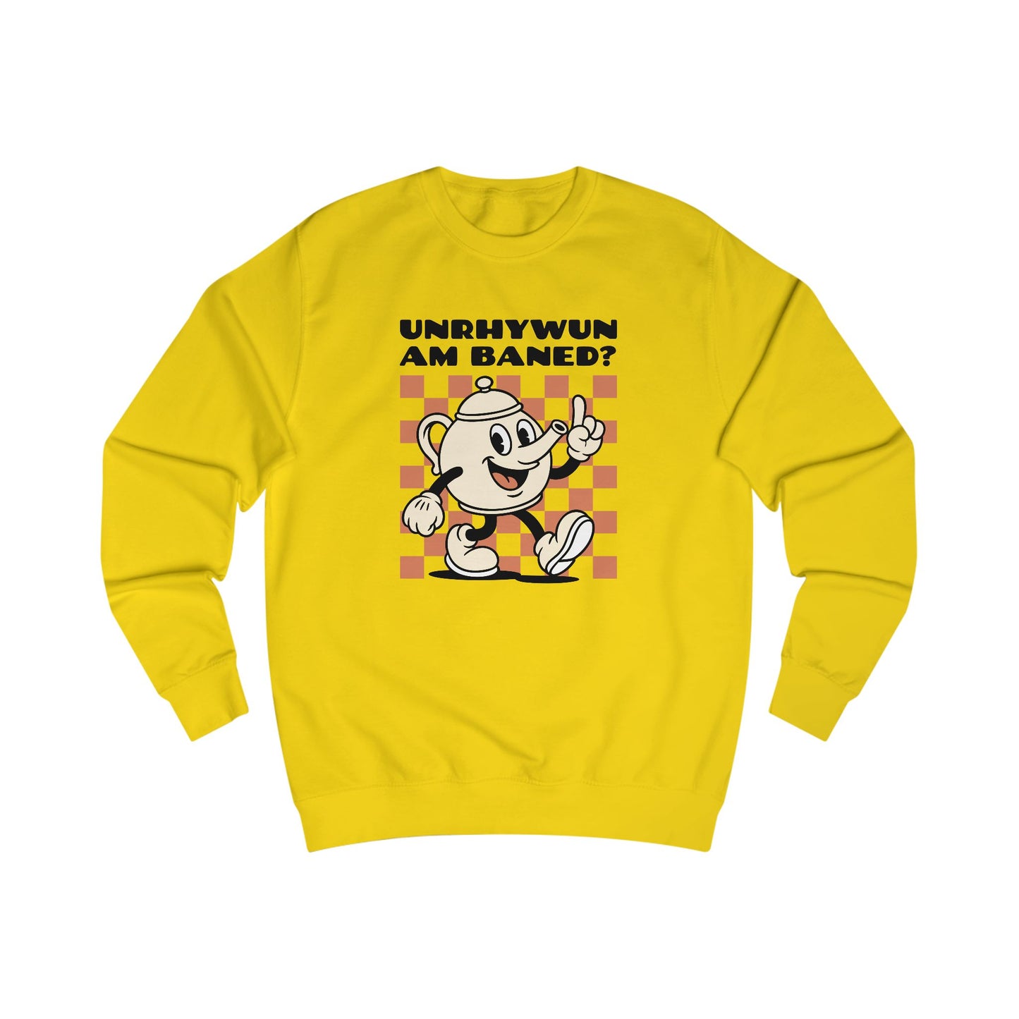 Vintage Cartoon 'Unhrywun Am Baned?' Sweatshirt — Retro Checkerboard Graphic