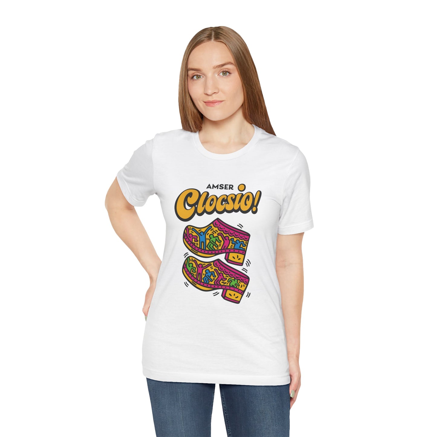Amser Clocsio! Graphic Unisex Tee — Colourful Keith Haring Inspired T-Shirt