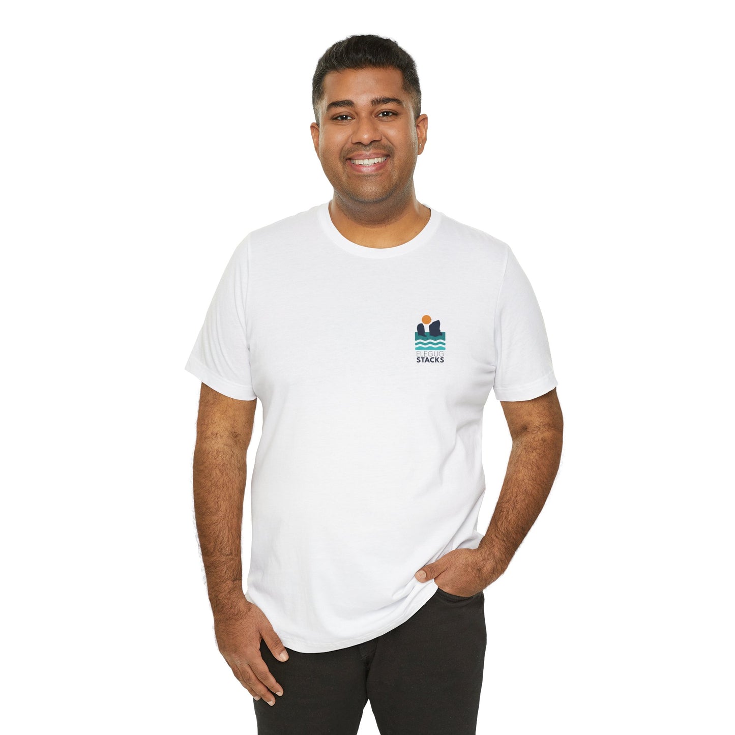 Elegug Stacks Graphic Tee — Minimal Sunset Wave Pocket T-Shirt