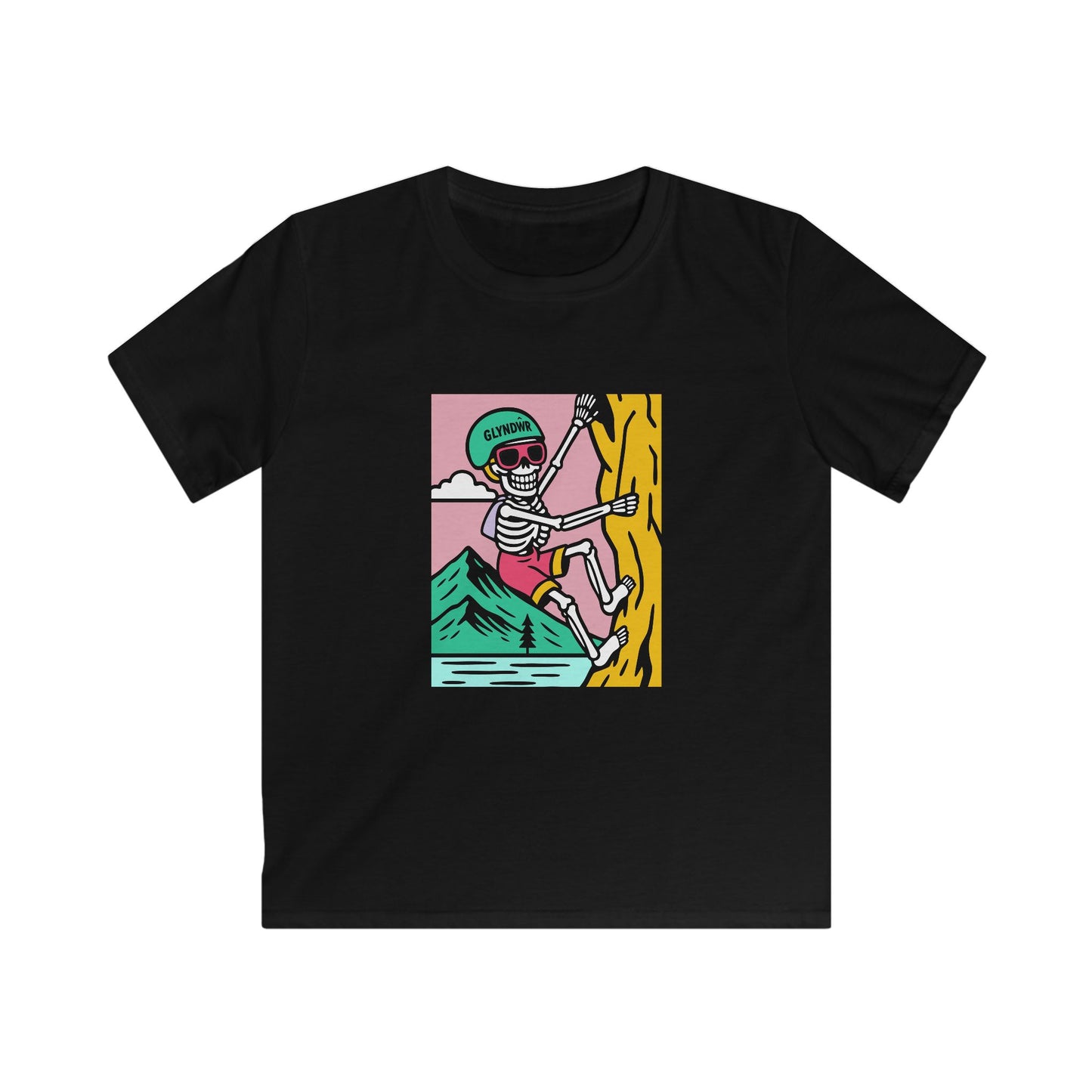 Kids Climbing Skeleton Glyndŵr T-Shirt – Retro Mountain Adventure Shirt