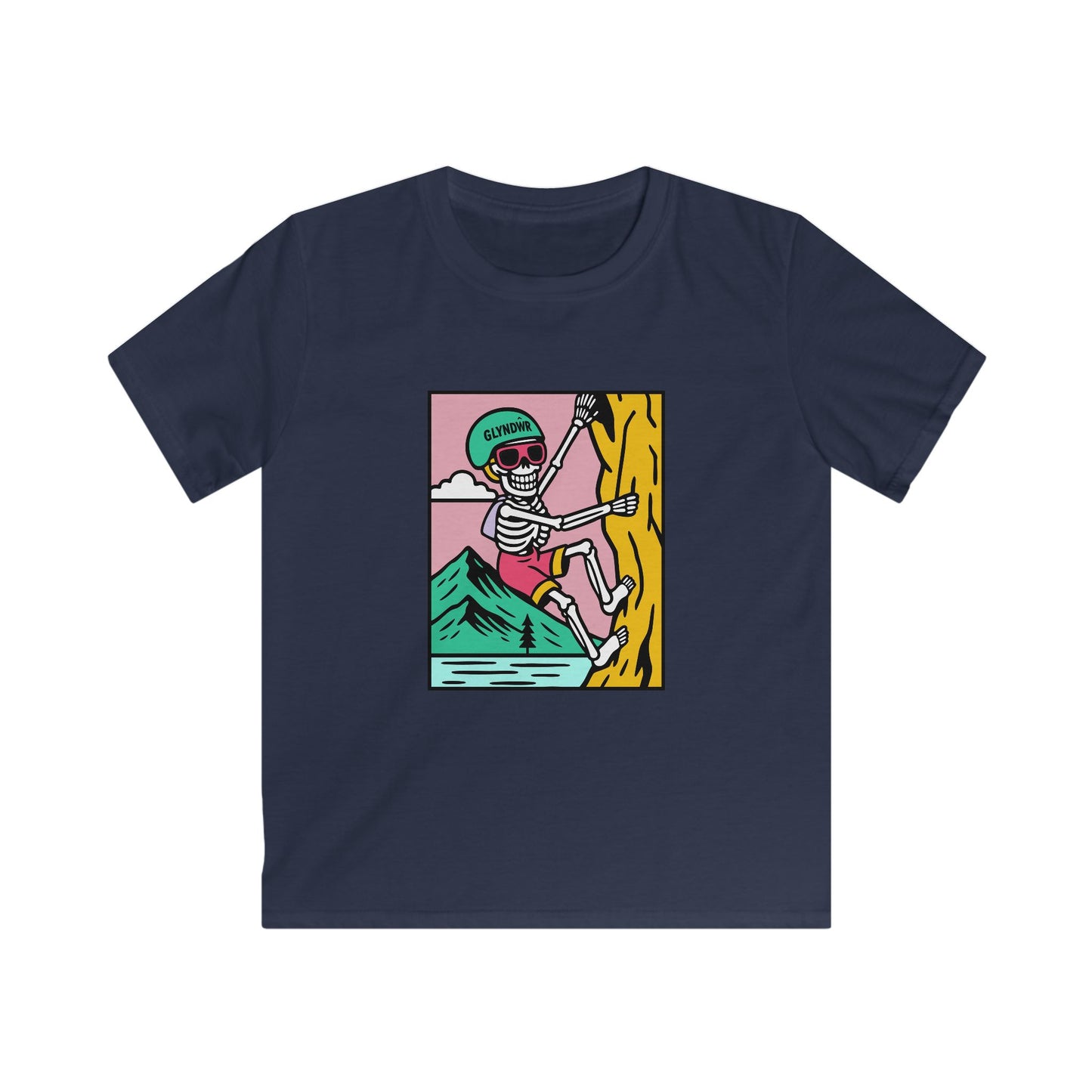 Kids Climbing Skeleton Glyndŵr T-Shirt – Retro Mountain Adventure Shirt