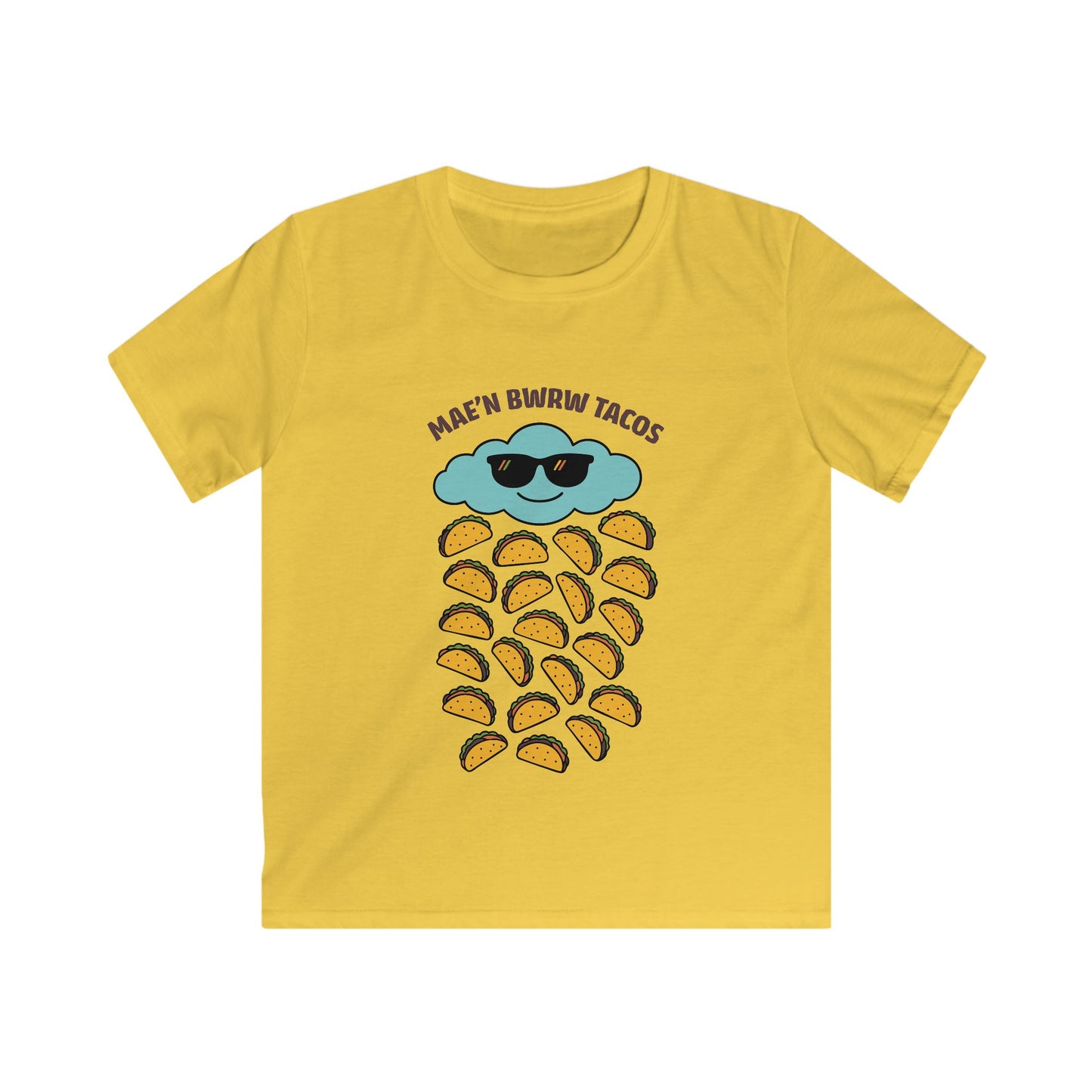 Kids Raining Tacos Welsh Language Tee — "Mae'n Bwrw Tacos"