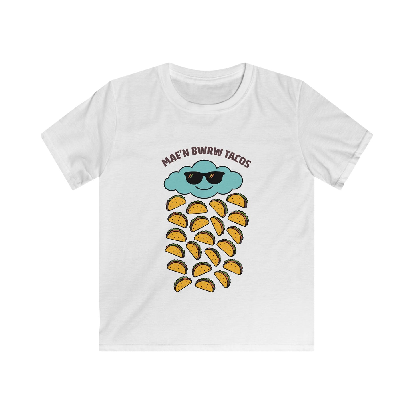 Kids Raining Tacos Welsh Language Tee — "Mae'n Bwrw Tacos"