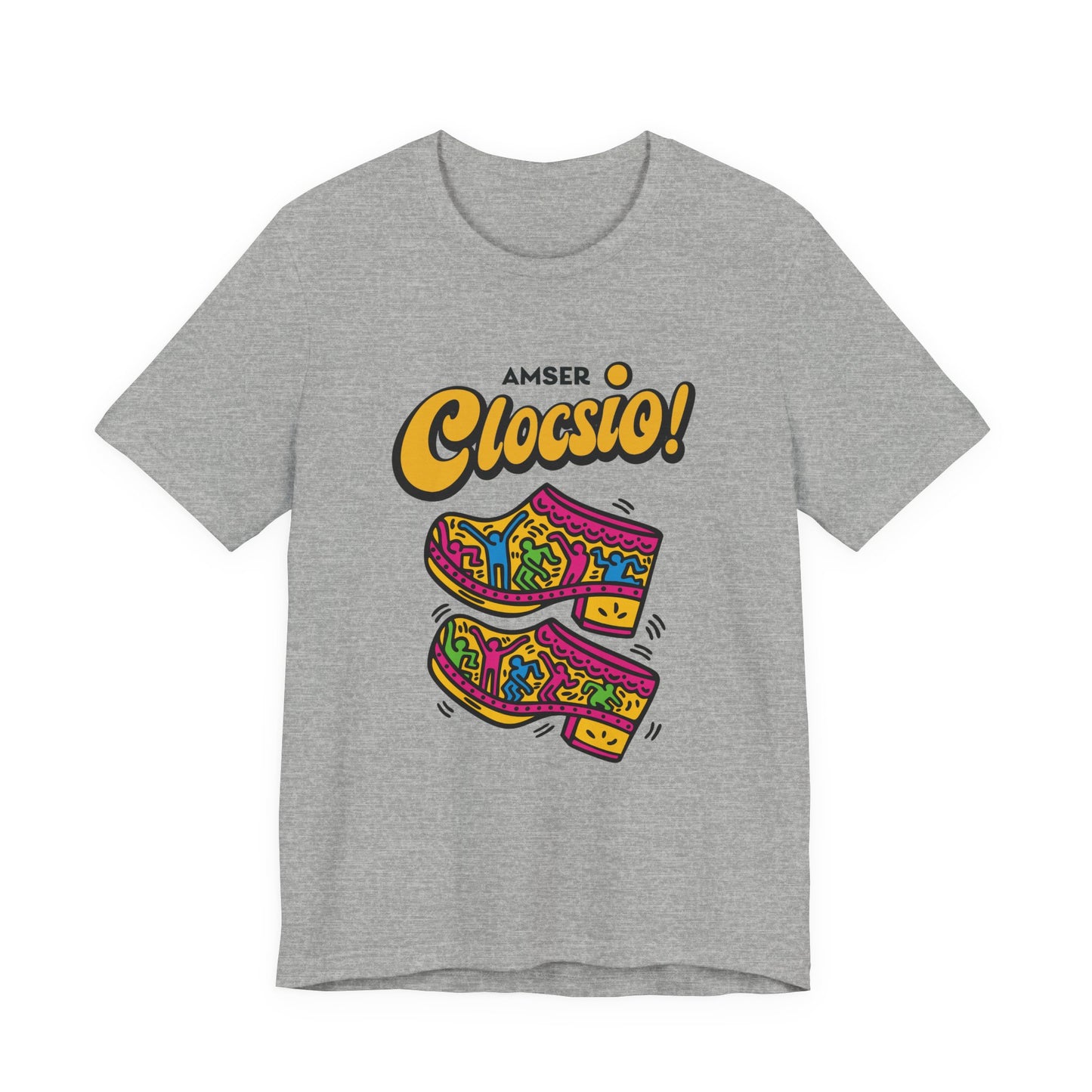 Amser Clocsio! Graphic Unisex Tee — Colourful Keith Haring Inspired T-Shirt