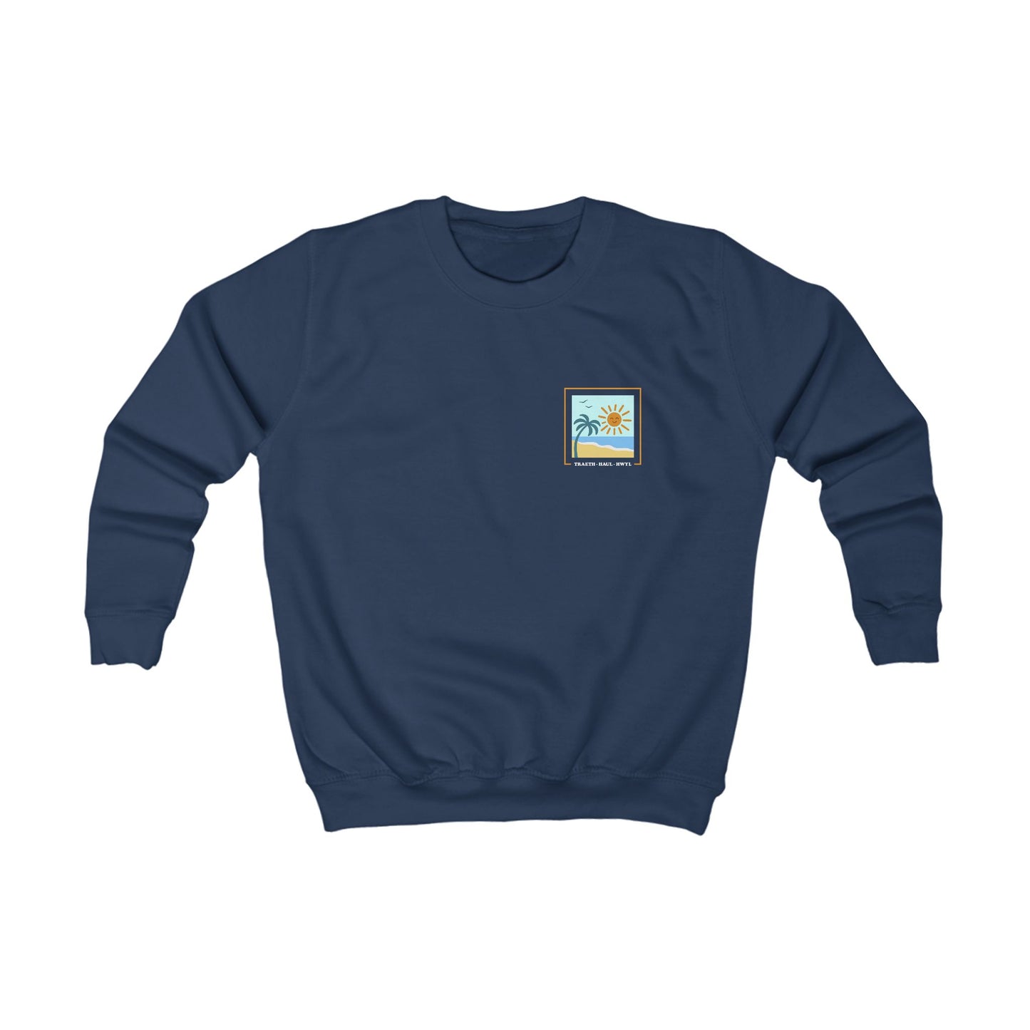Kids Tropical Palm Welsh Language Jumper - "Traeth, Haul, Hwyl"