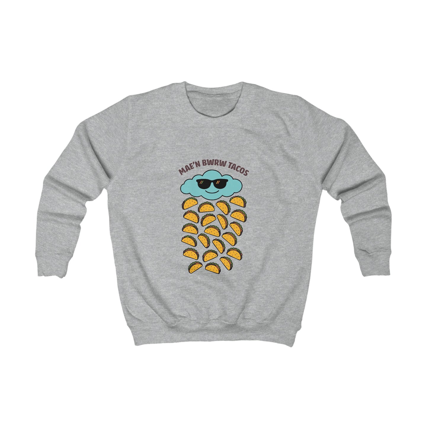 Kids 'Raining Tacos' Welsh Sweatshirt — "Mae'n Bwrw Tacos"